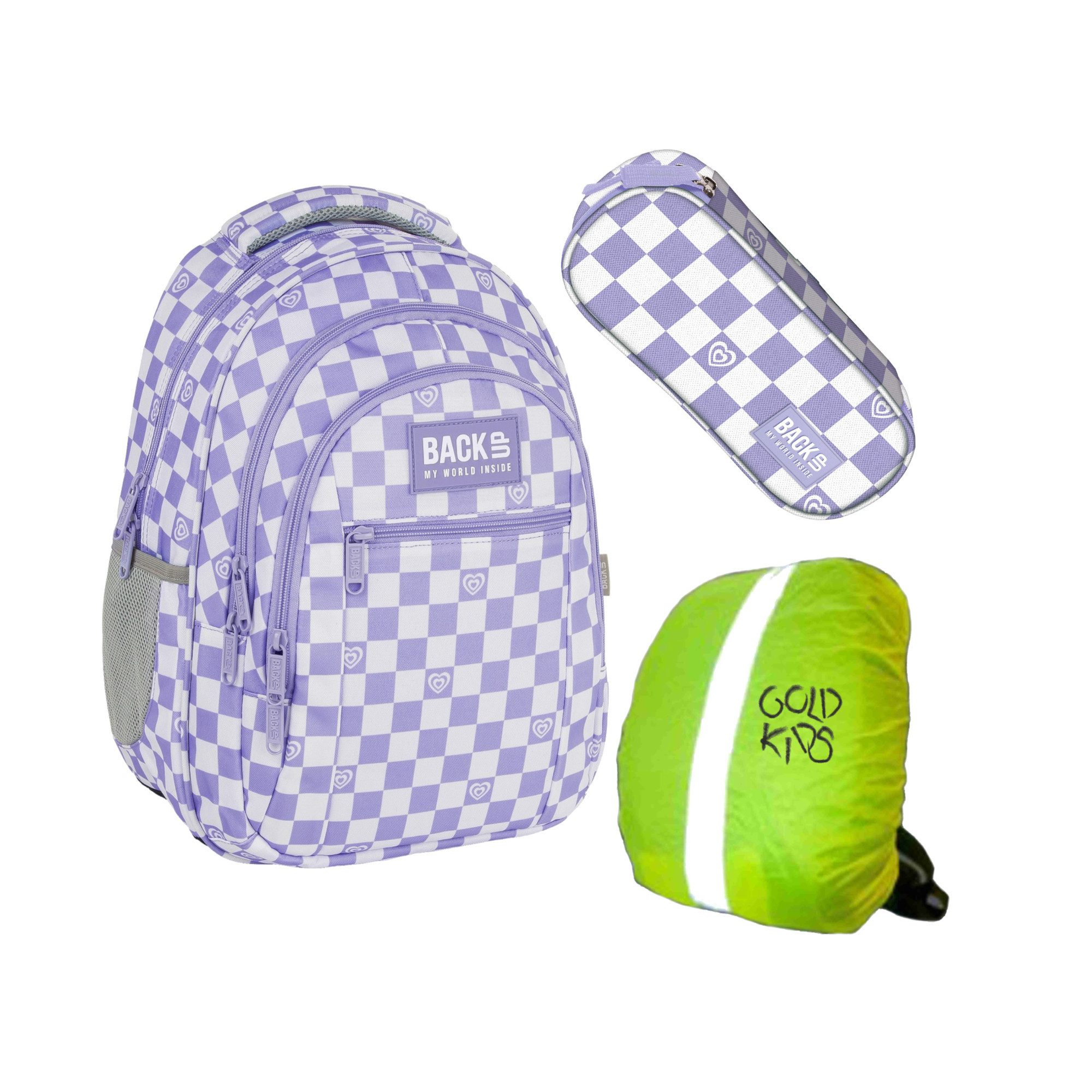 GOLDKIDS Schulranzen für Jungen und Mädchen, 3er-Set - (Schul-Rucksack für, Kinder mit Schlampermäppchen), Regenschutz - Schachbrettmuster