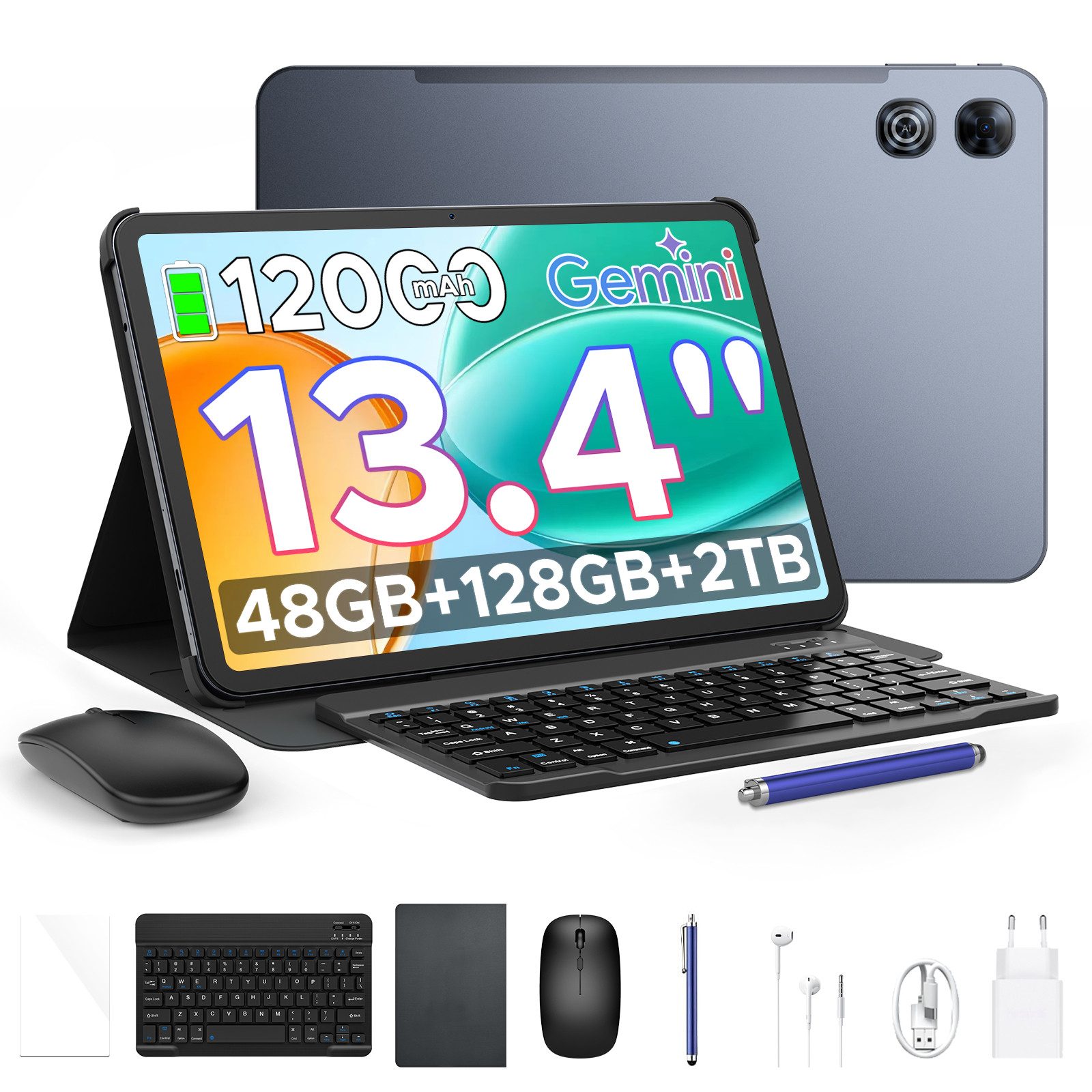 POCKAM P13 13.4" 2.4K 120Hz Tablet mit Tastatur, 12000mAh, 128GB ROM Tablet (13.4", 128 GB, Android 16, WiFi, Android 16 mit Gemini AI, Widevine L1, 13MP + 8MP, Dual-Lautsprecher)