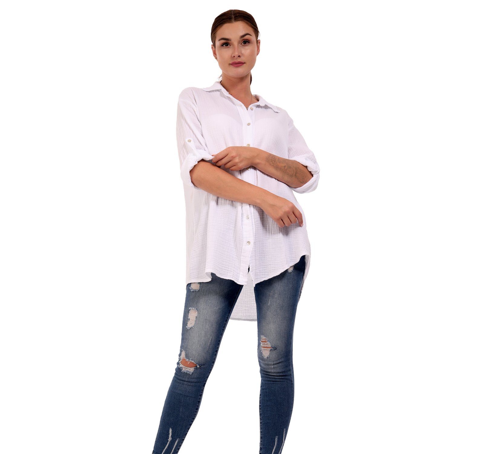 Hemdbluse Fashion bluse Musselin Oversized Langarm, Herrlich Long weicher & Style YC (1-tlg) One weiß Bluse Size Casual Uni,