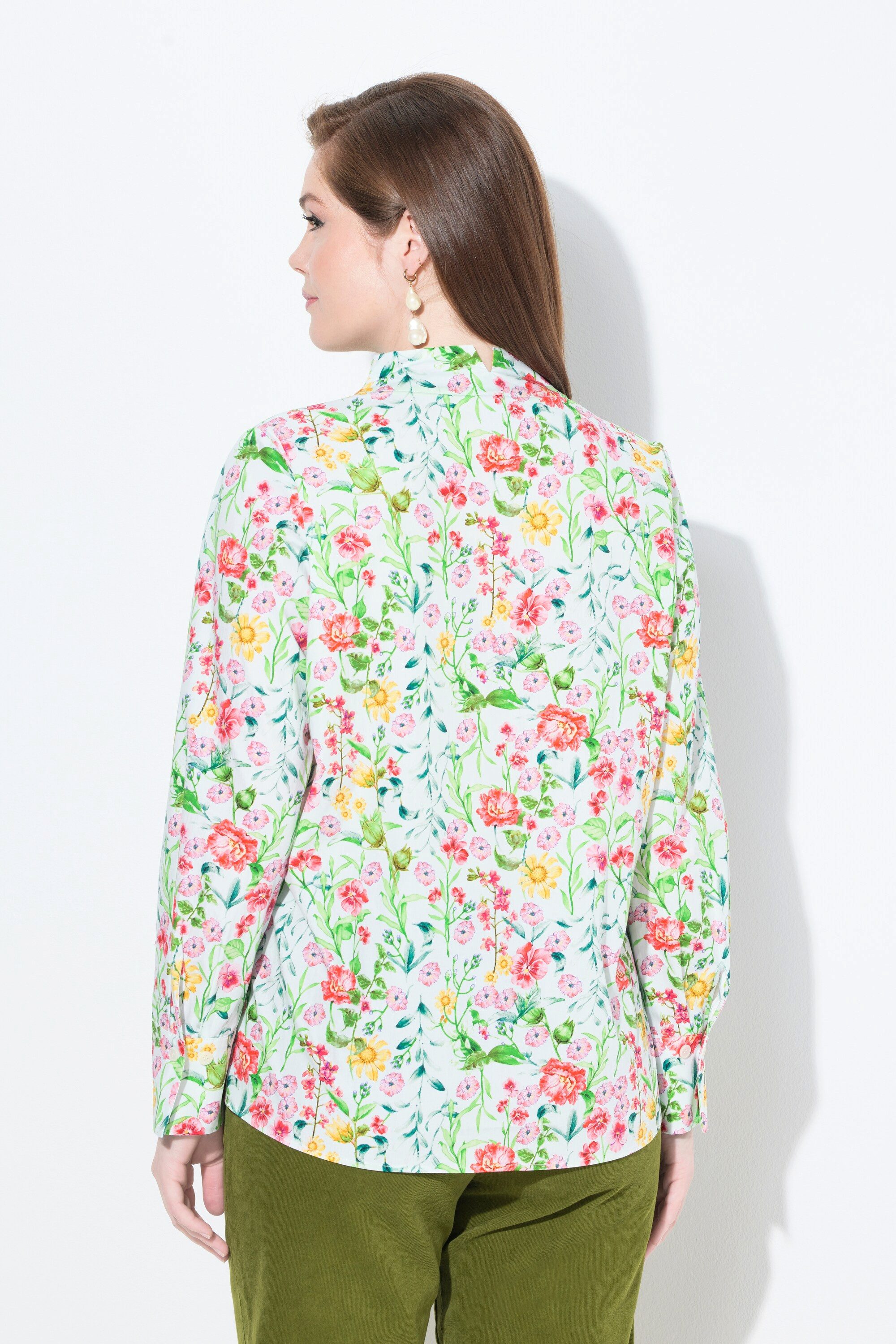Ulla Popken Longbluse Bluse Blüten Kelchkragen V-Ausschnitt Langarm
