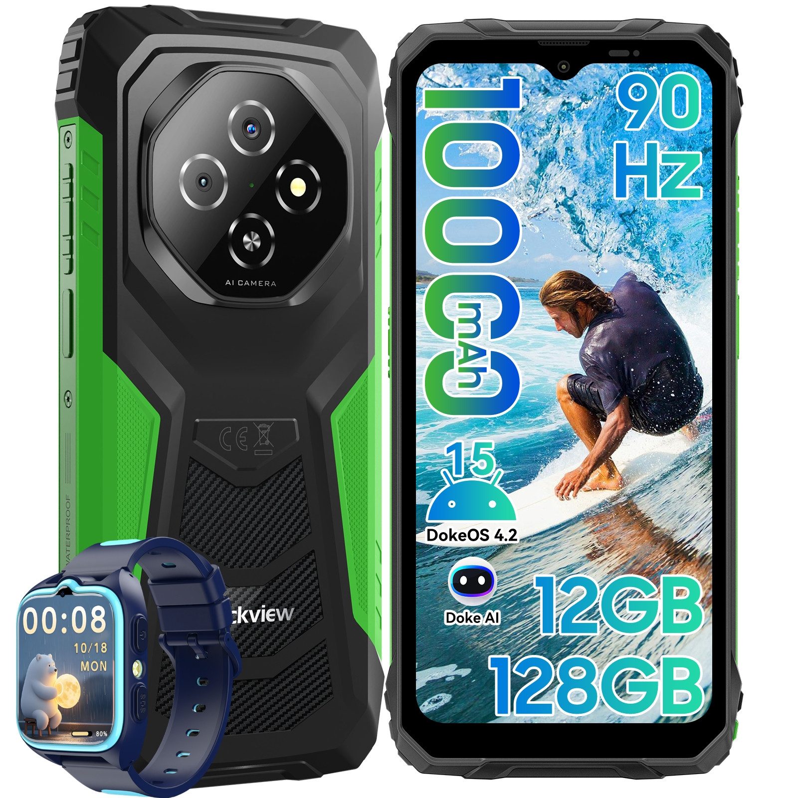 blackview FORT 1 incl. Z30 Kinder Smartwatch Android 15, Outdoor Smartphone (128 GB Speicherplatz, 6.56”, 90Hz, fingerprint, NFC,10000mAh, 18W)