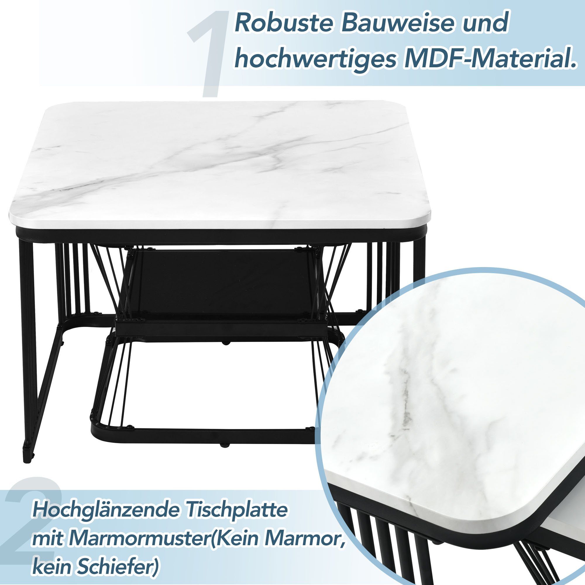 JOIVI Couchtisch Beistelltisch in Marmoroptik, Kaffeetisch mit schwarz matt Stahlrohre (2er Set Tisch, 2er-Set), Wohnzimmertisch mit Stapelbarem Design