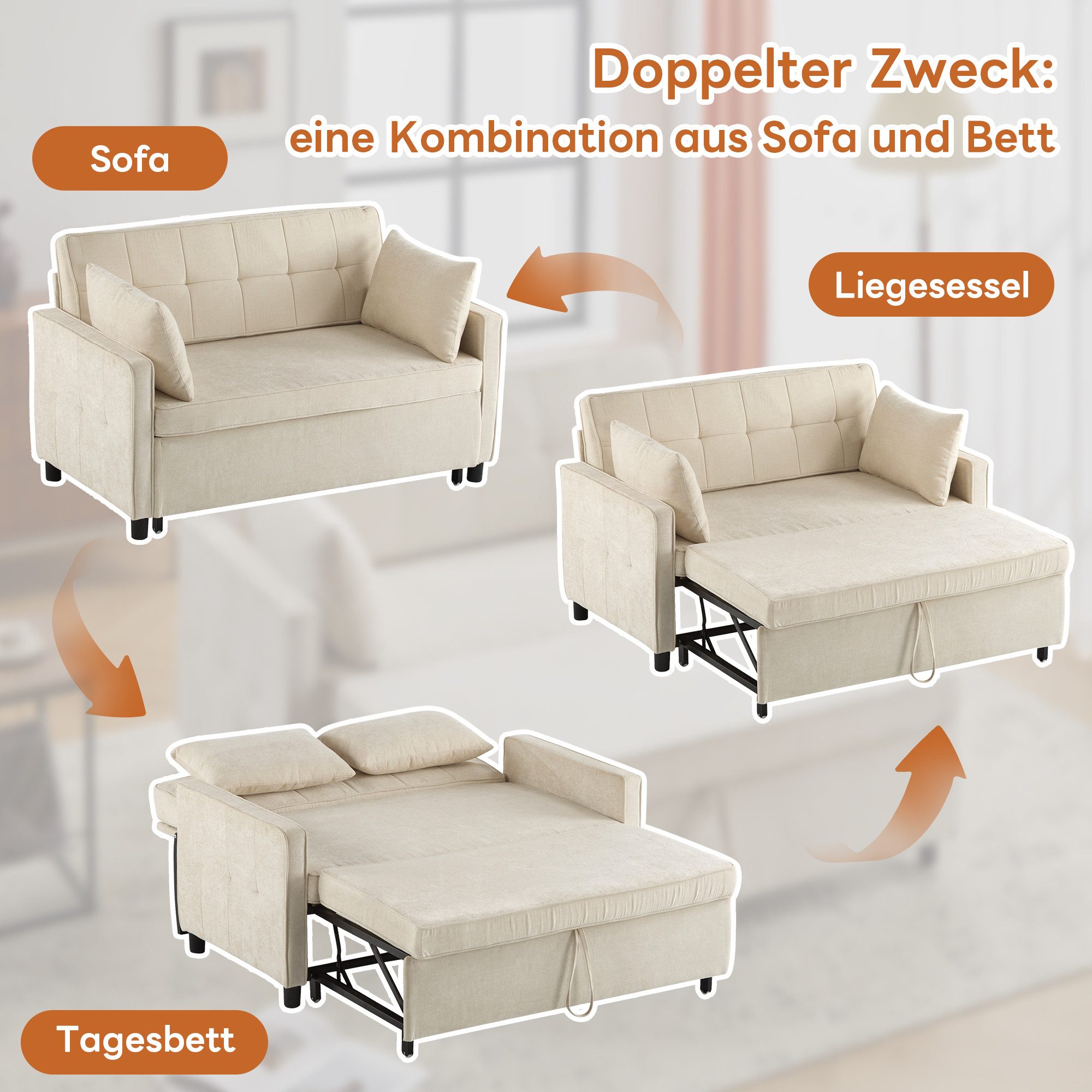 Merax Schlafsofa 2-Sitzer Sofabett klappbar, 1 Teile, Polstersofa Sofa, verstellbare Rückenlehne, inkl. Kissen & Holzrahmen