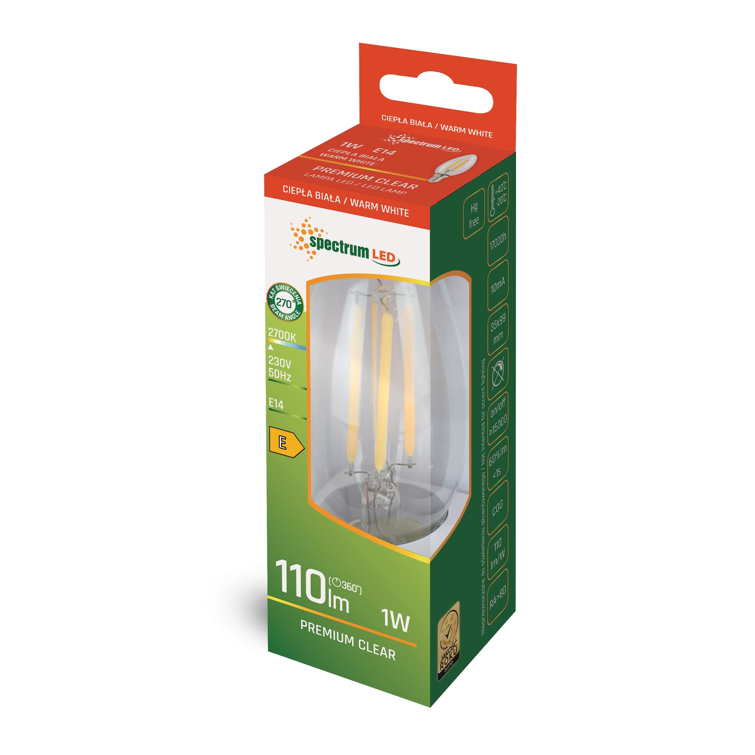 Spectrum LED-Leuchtmittel LED E14 C35 Filament klar 1W Kerzenform 300° 110l günstig online kaufen