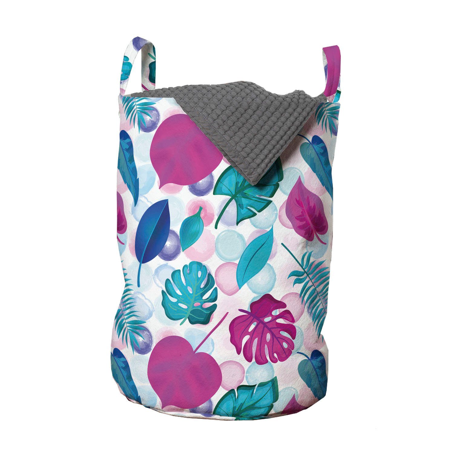 Abakuhaus Wäschesäckchen Wäschekorb mit Griffen Kordelzugverschluss für Waschsalons, Blau Und Pink Tropic Blätter Runden
