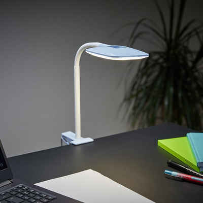 MeLiTec LED Schreibtischlampe LED mit Klemmfuß T160-2 hellblau, LED fest integriert, warmweiß, mit Flexarm, Schnurzwischenschalter, modernes Design