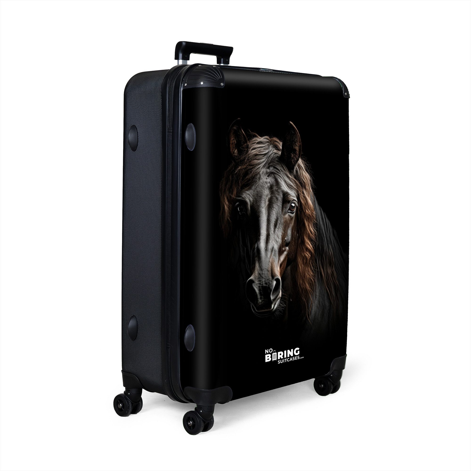 NoBoringSuitcases.com© Hartschalen-Trolley Portrait Friesenpferd auf schwar günstig online kaufen