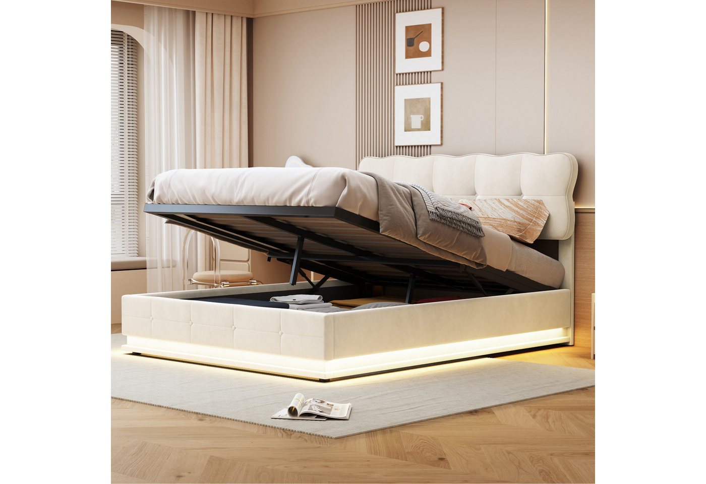 Simurq Polsterbett Doppelbett 140x200 cm,Boxspringbett,Polsterbett,Stauraumbett,Beige (Boxspringbett 140x200,Bettgestell,Hydraulisch Stauraumbett 140×200cm), 140x200 cm Lattenrost,hydraulischem Stauraum,Samt