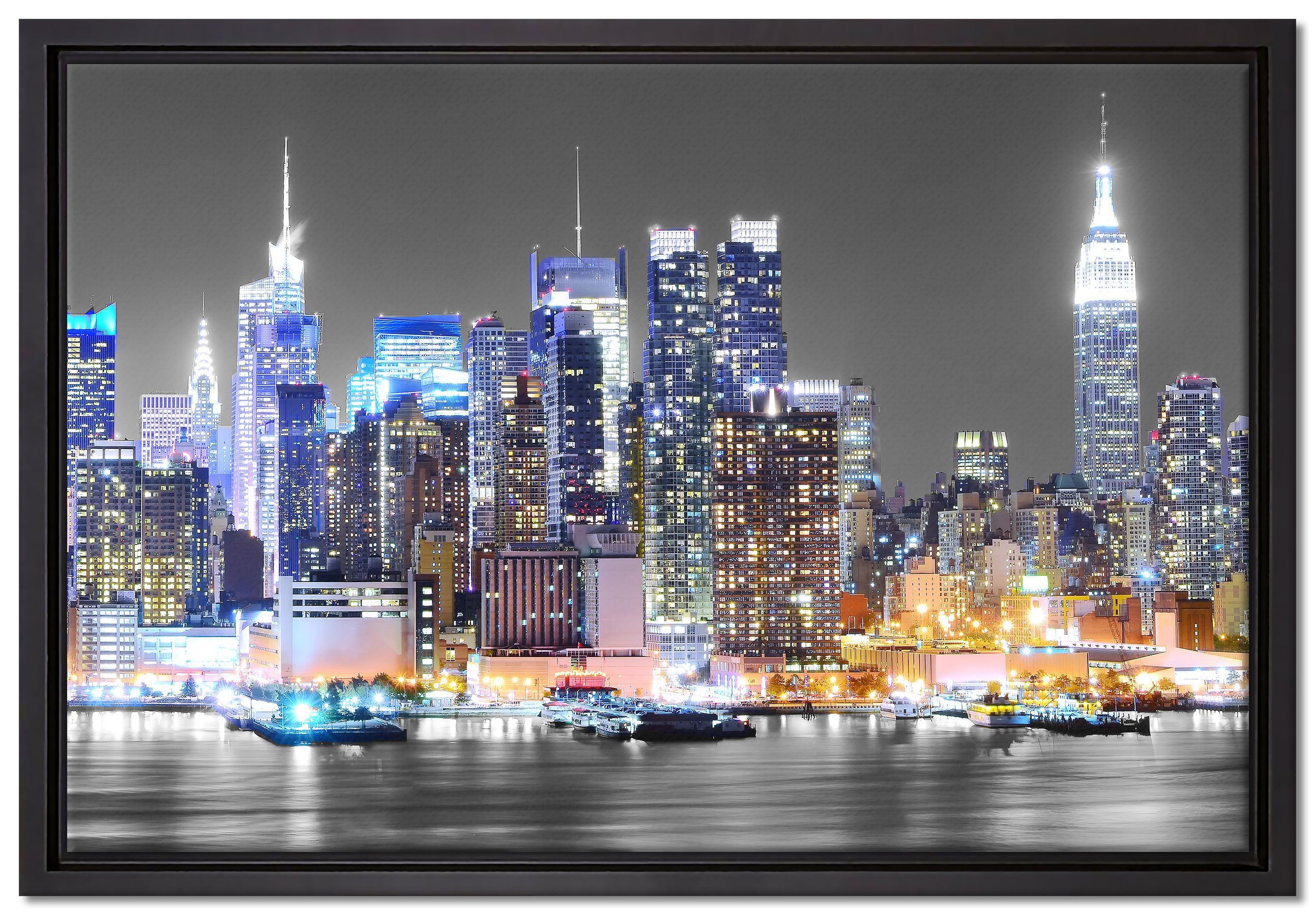 Pixxprint Leinwandbild New York Skyline, Wanddekoration (1 St), Leinwandbild fertig bespannt, in einem Schattenfugen-Bilderrahmen gefasst, inkl. Zackenaufhänger