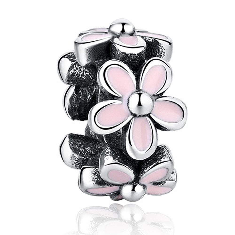 Bead Rosa Blüten Zwischenelement Charm, 925er Sterling Silber, emailliert