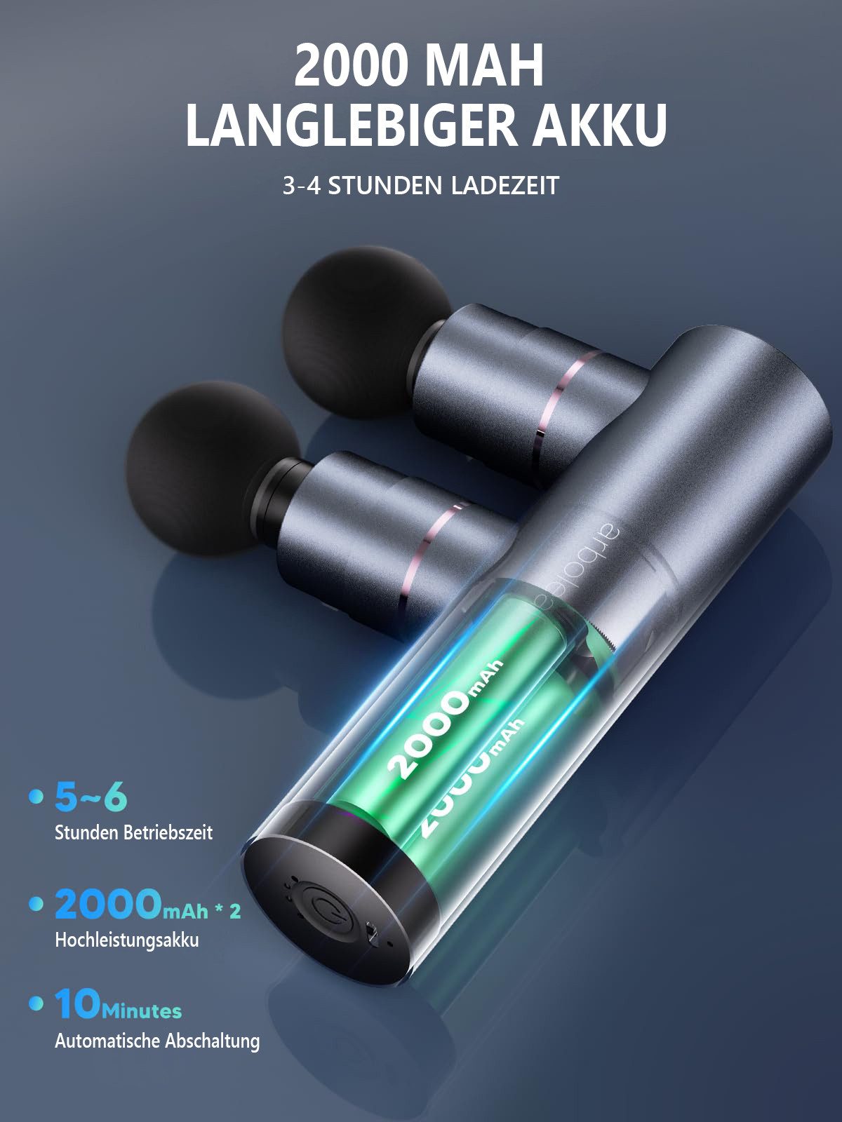 AIBISTAR Massagegerät Massagepistole Muskelmassagegerät 3200 U/min mit 5 Aufsätzen, Set, 1x Massagepistole 1x USB-C Ladekabel 1x Bedienungsanleitung, Doppelkopf-Design, 5 Stufen bis 3200 U/min, USB-C Akku 2000 mAh