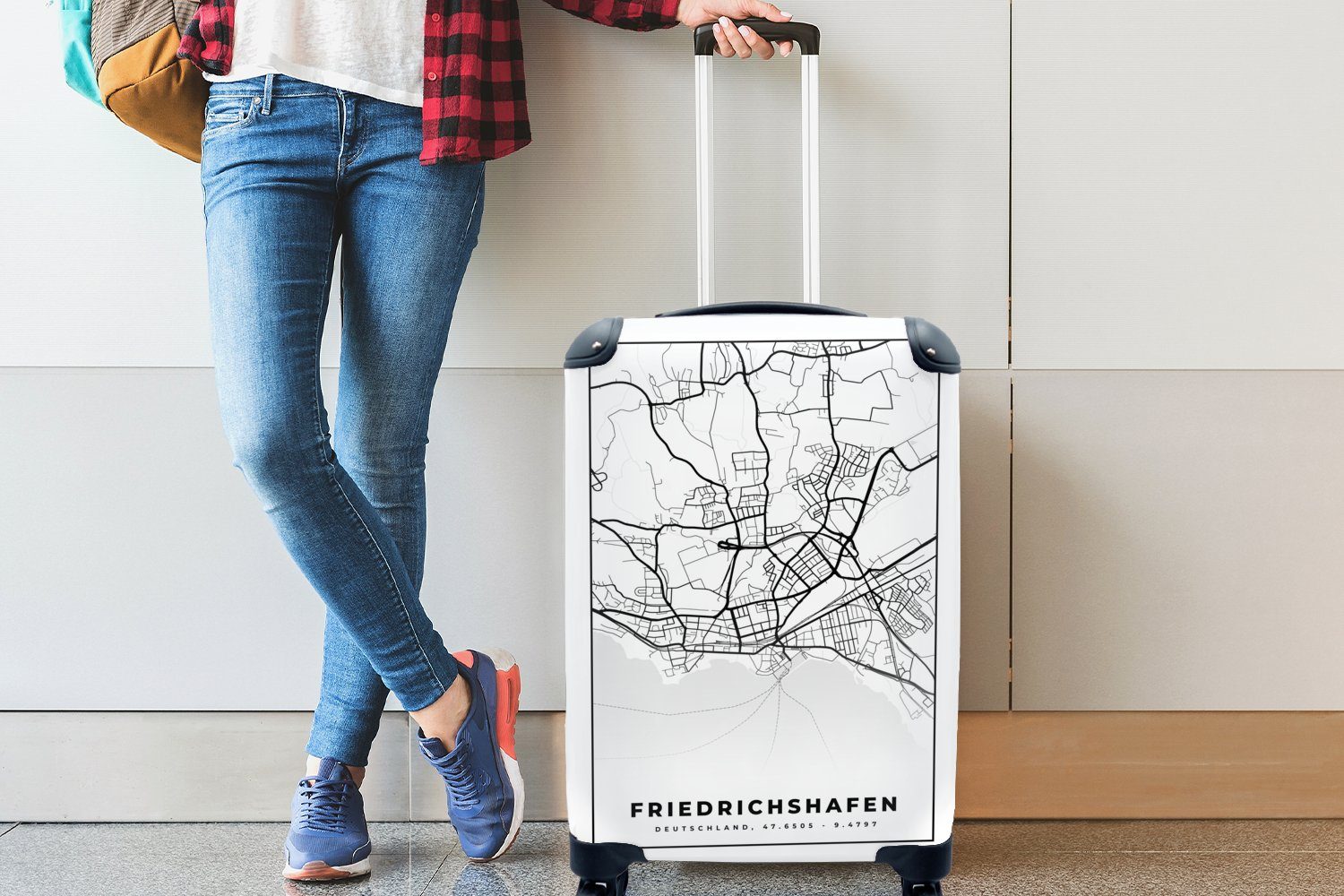 MuchoWow Handgepäckkoffer Friedrichshafen Trolley, - 4 Rollen, rollen, Reisetasche Reisekoffer mit Ferien, Karte, Stadtplan Karte - Handgepäck - für