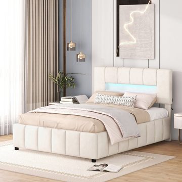 WISHDOR Polsterbett Plattformbett, Daybed, Doppelbett, Familienbett, Gästebett (Modernes Bettgestell mit Stauraum, mit LED-Beleuchtung 140x200cm), Ohne Matratze