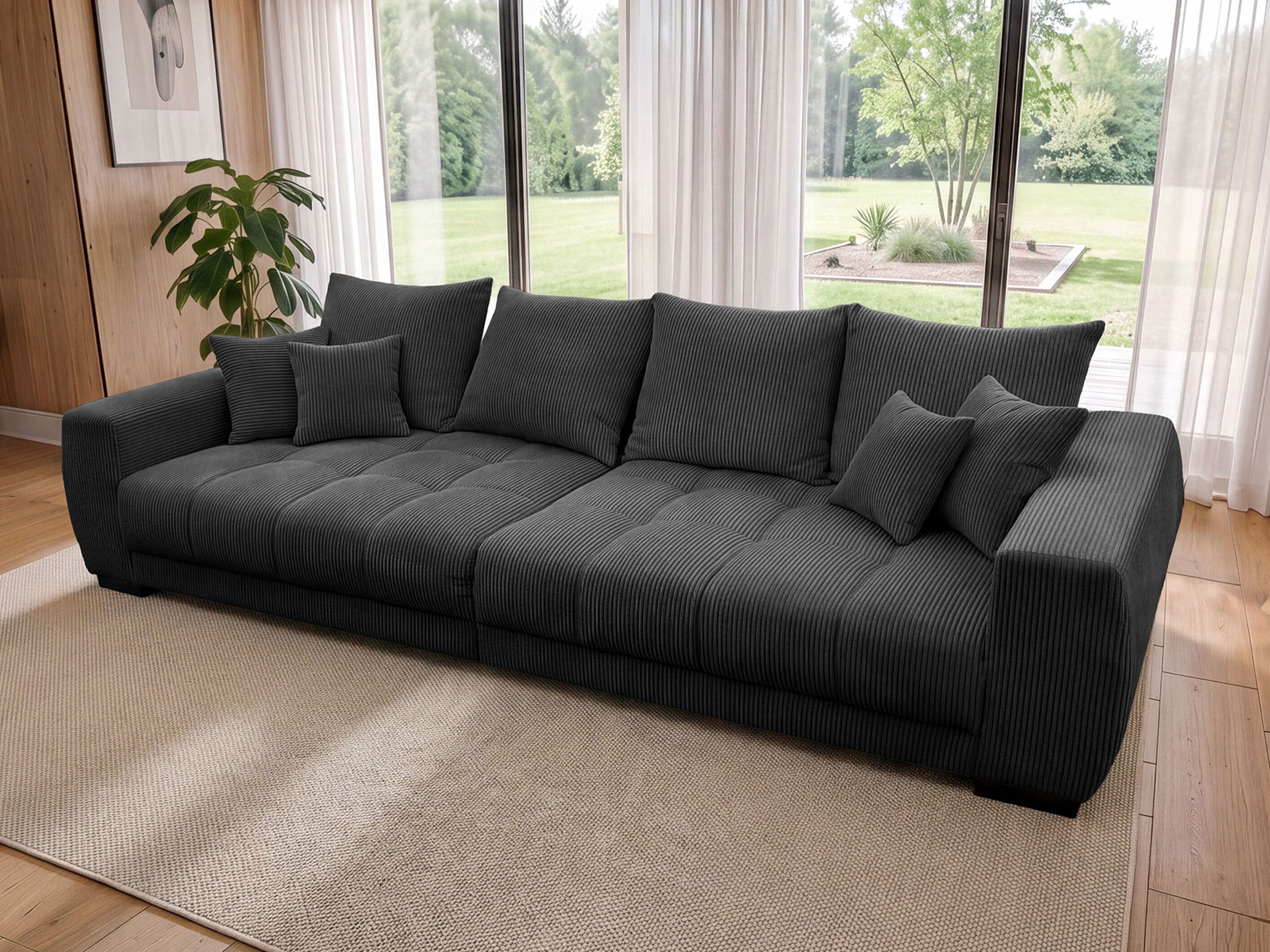 Massivart® Big-Sofa 300 cm, Cord, Mega-Sofa XXL, Wellenunterfederung »ARTEMIS«, frei im Raum stellbar • inkl. Kissen Set • schwarze …
