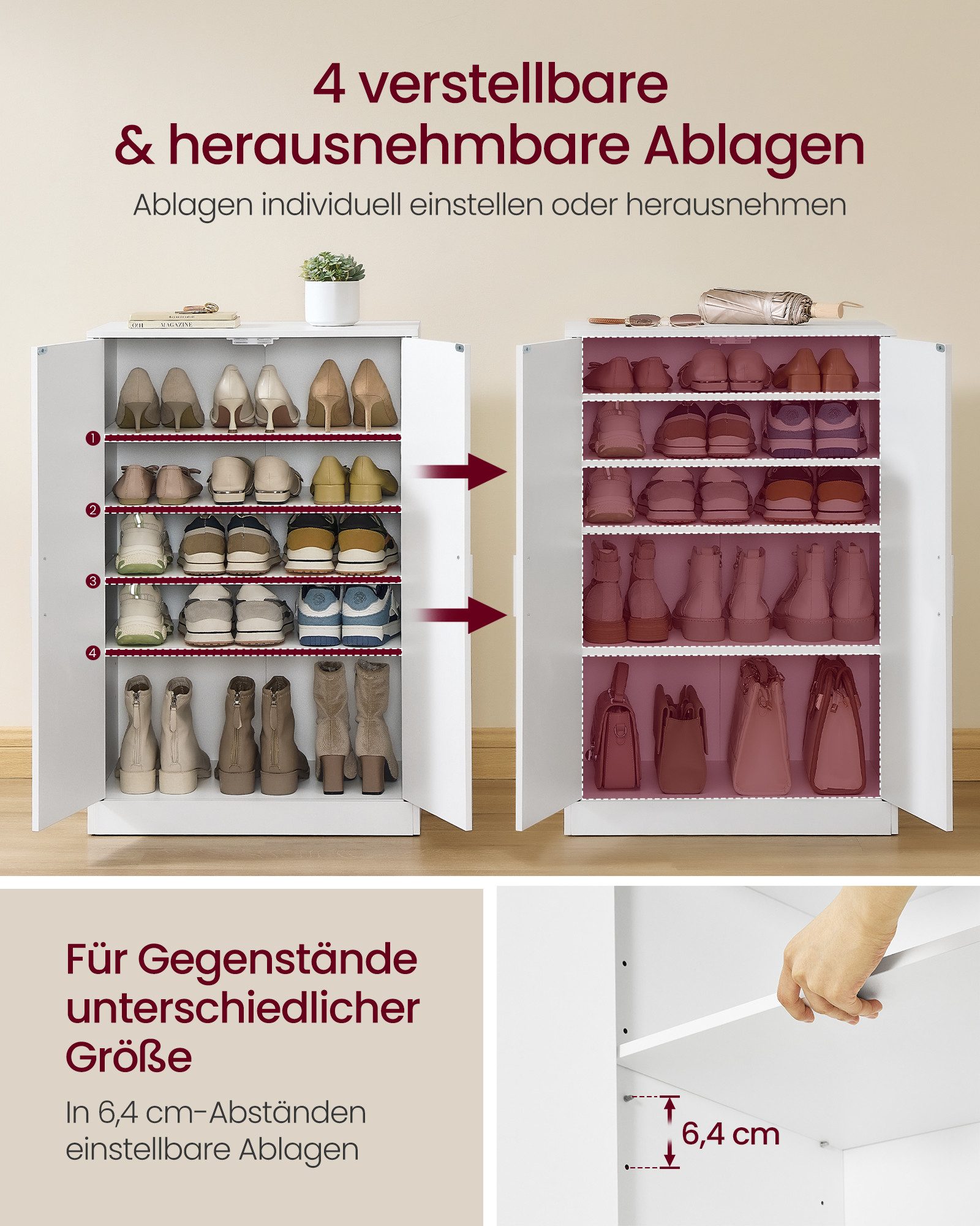 VASAGLE Schuhschrank 5 Ebenen, mit verstellbaren Ablagen, Aufbewahrungsschrank mit Türen Für 12 bis 15 Paar Schuhe, bis EU-Gr. 46