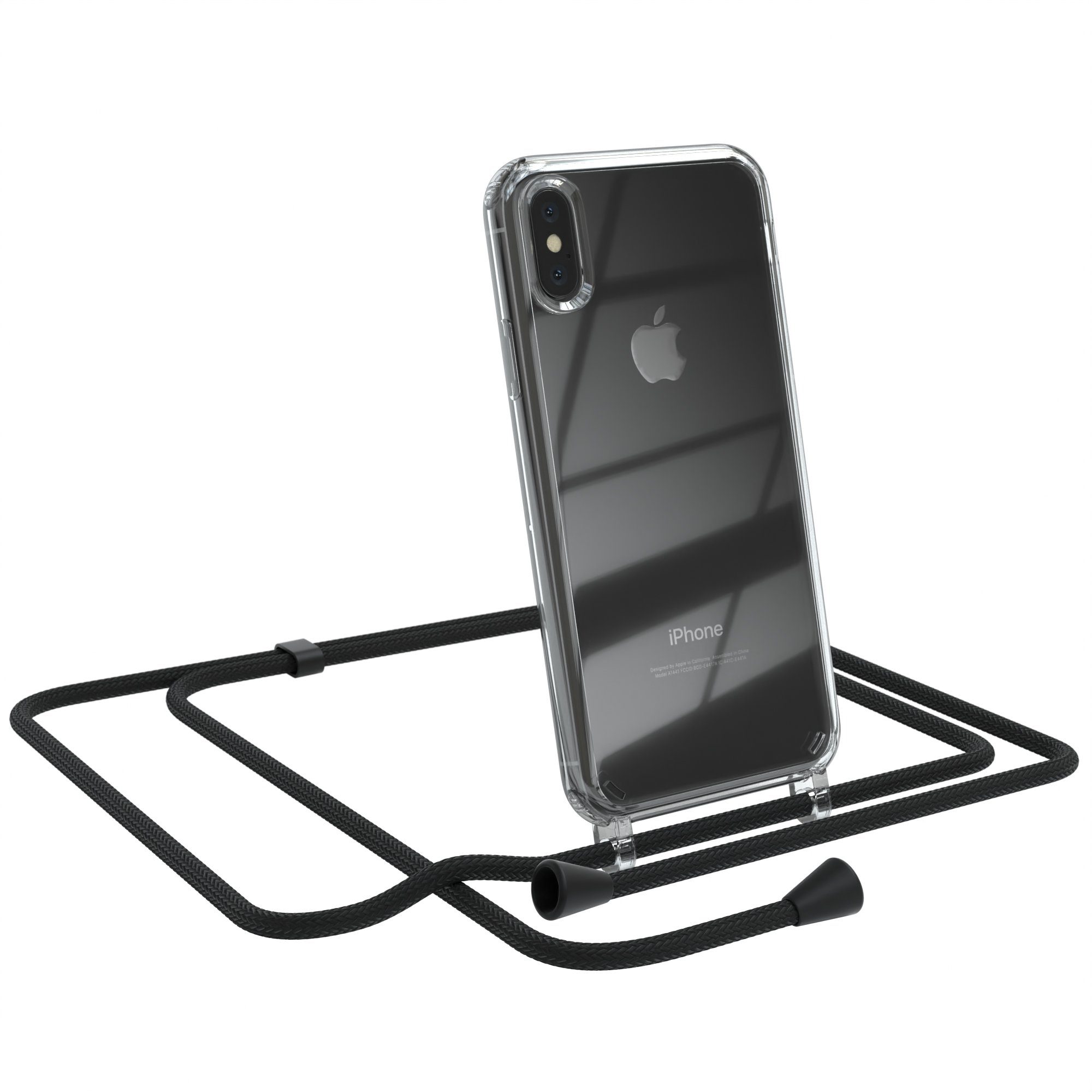 EAZY CASE Handykette Kette Clips Schwarz für Apple iPhone X / XS 5,8 Zoll, Slimcover mit Umhängeband Case Handytasche Clear Backcover Schwarz