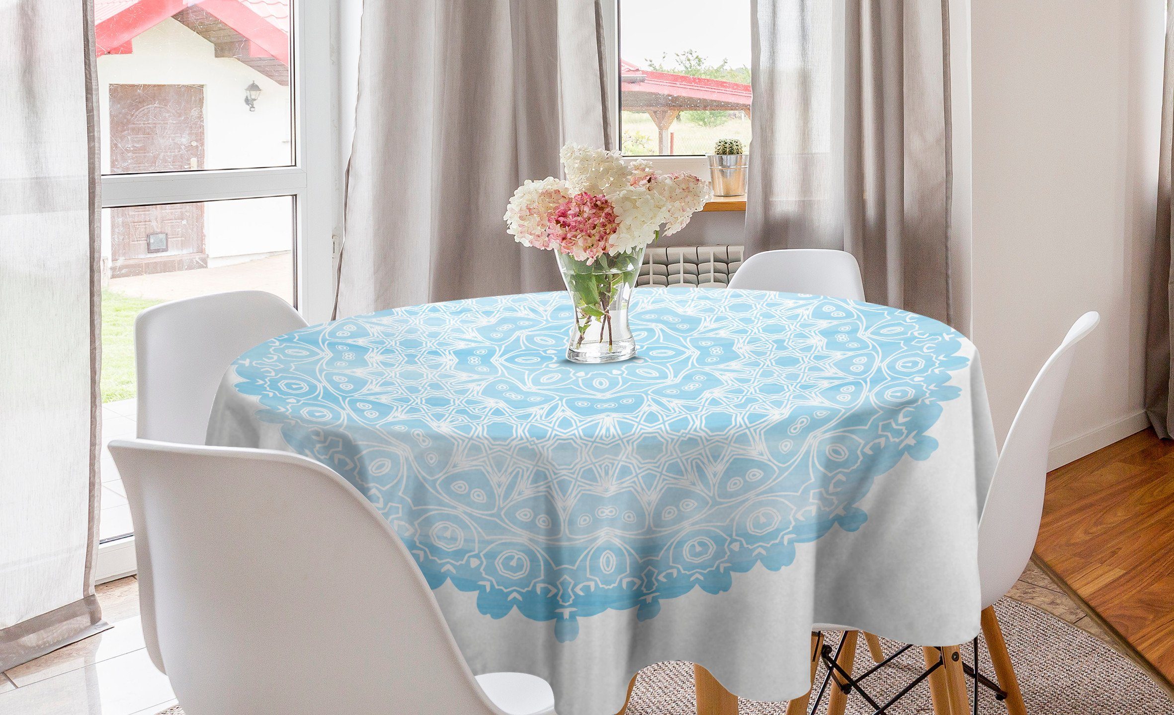 Abakuhaus Tischdecke Kreis Tischdecke Abdeckung für Esszimmer Küche Dekoration, Blauer Mandala Aquarell-Blumen-Kunst