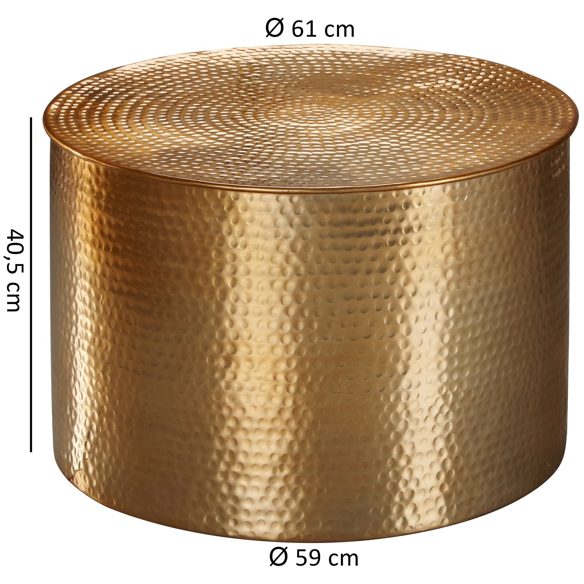 (61x40,5x61 Sofatisch Wohnzimmertisch, Rund), cm Hammerschlag Orientalisch Kleiner Couchtisch Wohnling Aluminium Gold WL5.483