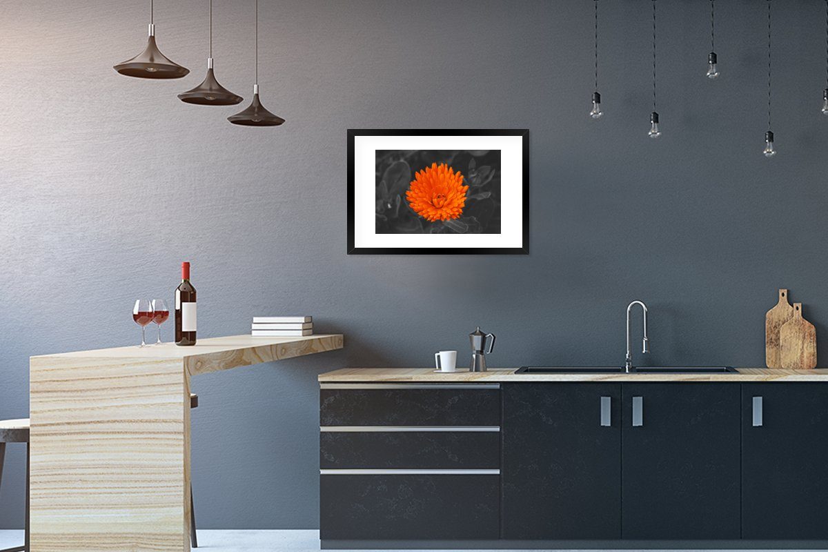 MuchoWow Poster Blumen - Orange - Schwarz - Weiß, (1 St), mit Rahmen, Kunstdruck, Gerahmtes Poster, Schwarzem Bilderrahmen