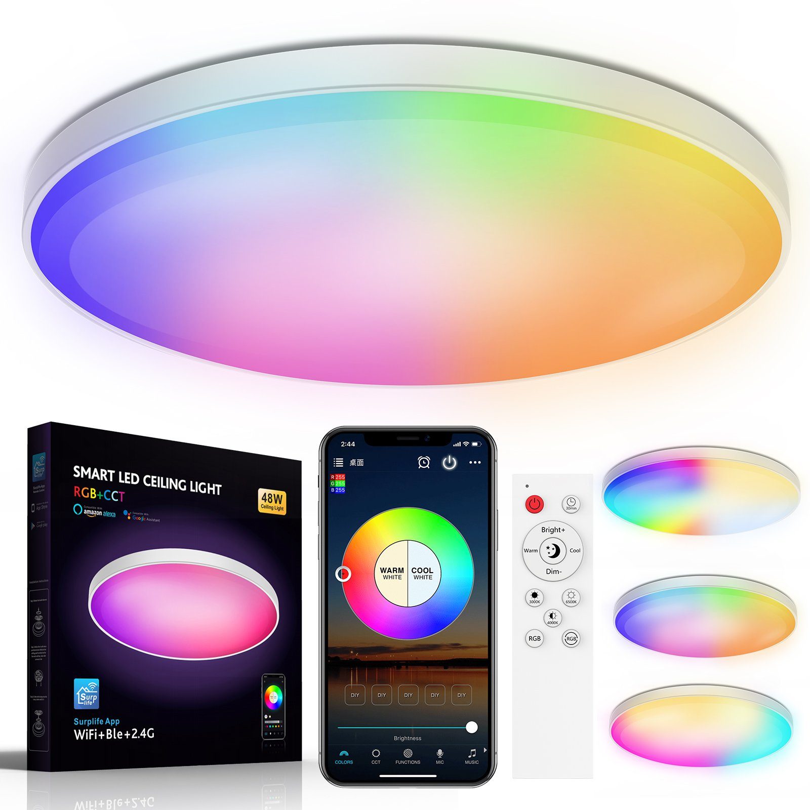 Rosnek LED Deckenleuchte 48/30W, RGB+CCT, RGB+CCT, LEDs, Wohnzimmer, Intelligente WiFi, für 30W, Deckenleuchte, Schlafzimmer Unterputzmontage, Timer, Umgebungslicht