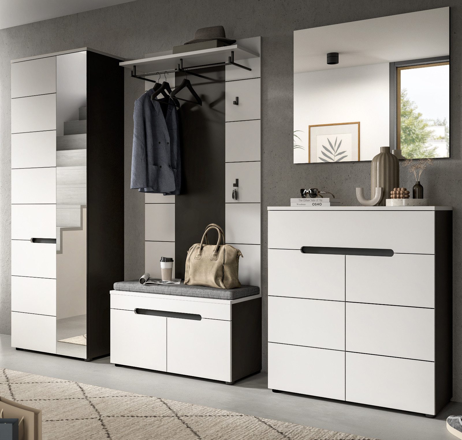 Inn.Furn Garderoben-Set Cooper, (Komplett-Set in Weiß und Basalt Grau, 5-teilig, 250 x 190 cm), mit viel Stauraum und Soft-Close-Funktion