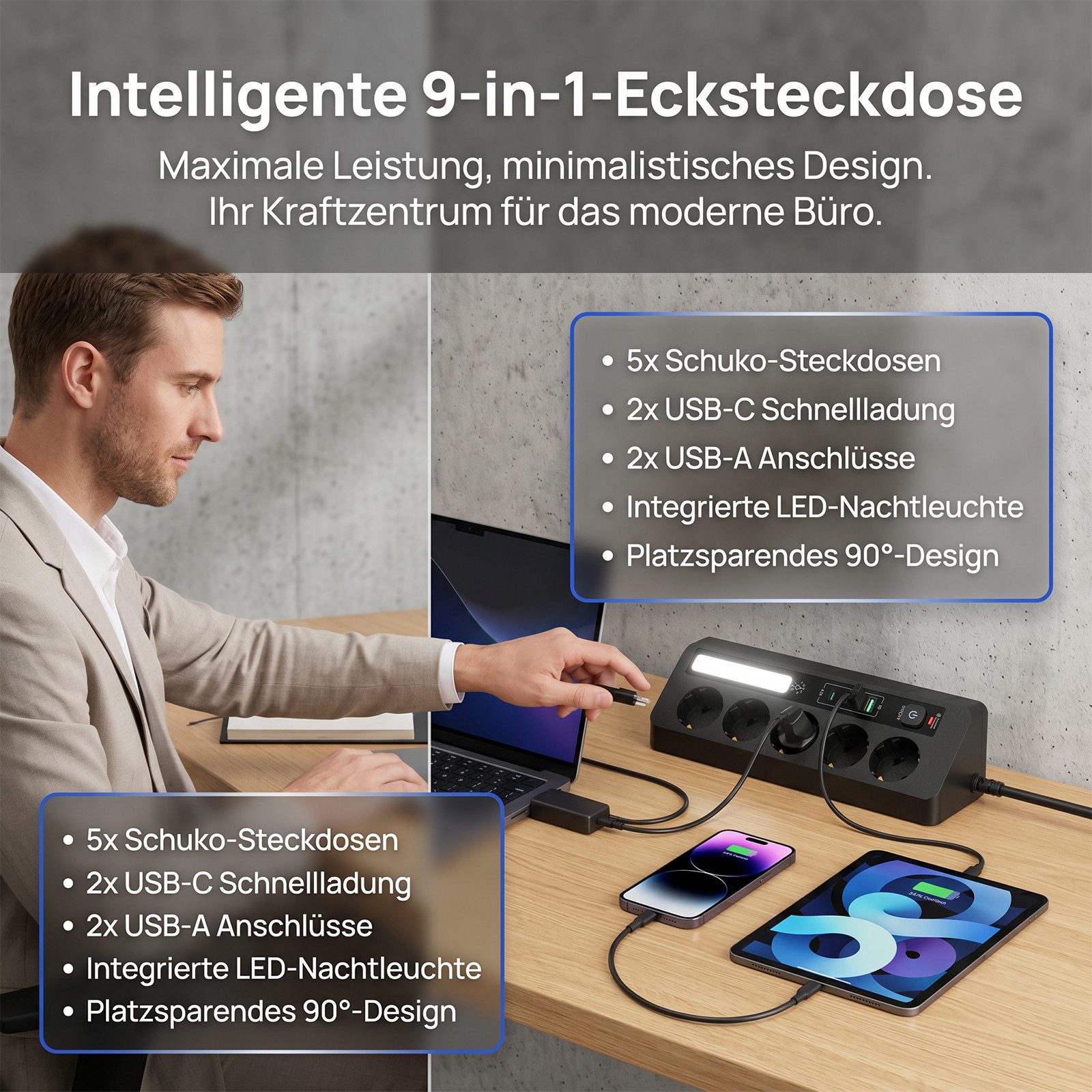 AKKEE Tischsteckdosenleiste mit 5 Steckdosen, LED-Lichtleiste Mehrfachsteckdose (LED), 2 USB-A-Anschlüssen und 2 USB-C-Anschlüssen Dreieckiges Design 90°