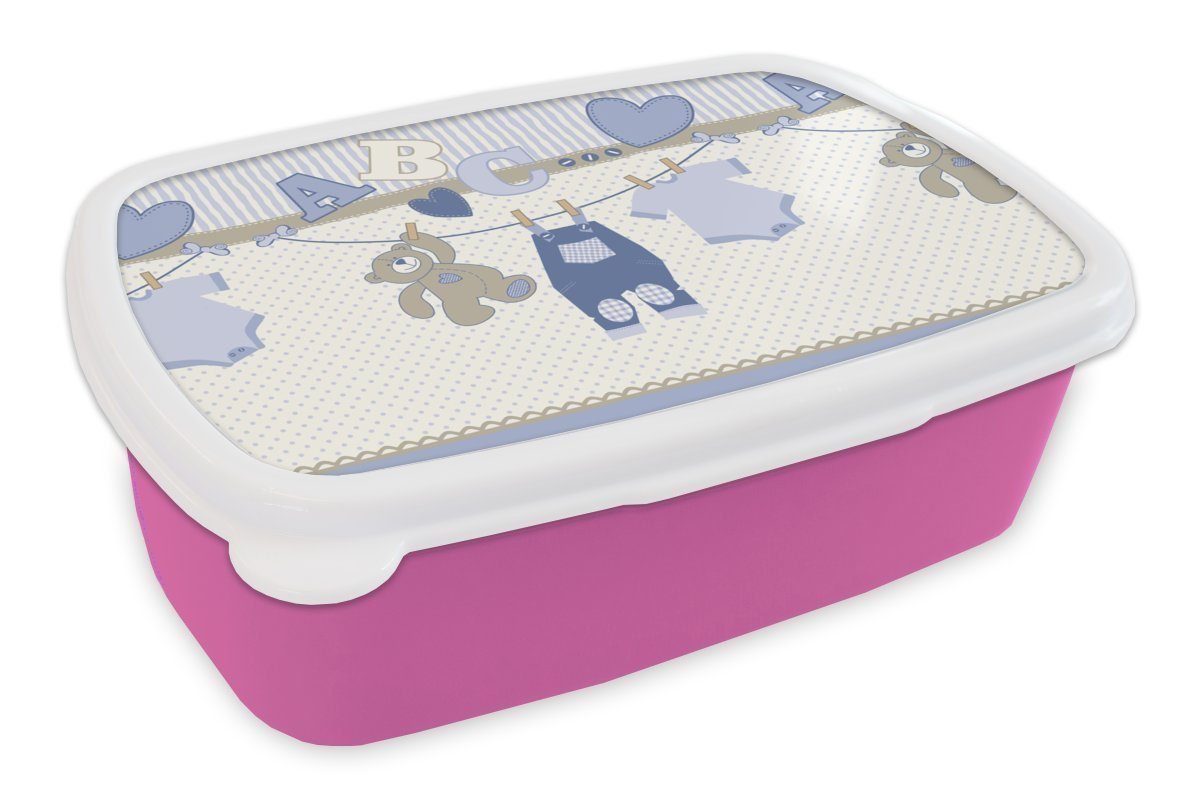 MuchoWow Lunchbox Babykleidung - Wäscheleine - Teddybär - Schnittmuster, Kunststoff, (2-tlg), Brotbox für Erwachsene, Brotdose Kinder, Snackbox, Mädchen, Kunststoff rosa