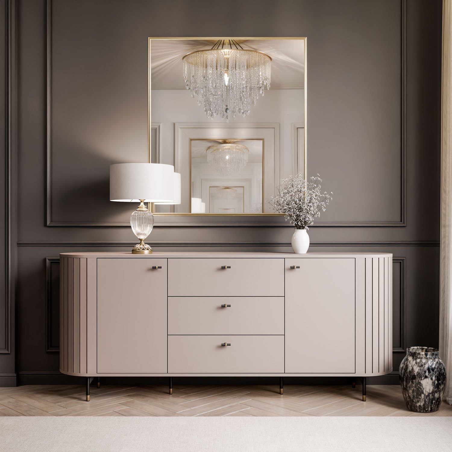 yourhouse24 Sideboard LINNEA 190cm 2D3S Runde Ecken Lamellen Kaschmir/Schwa günstig online kaufen