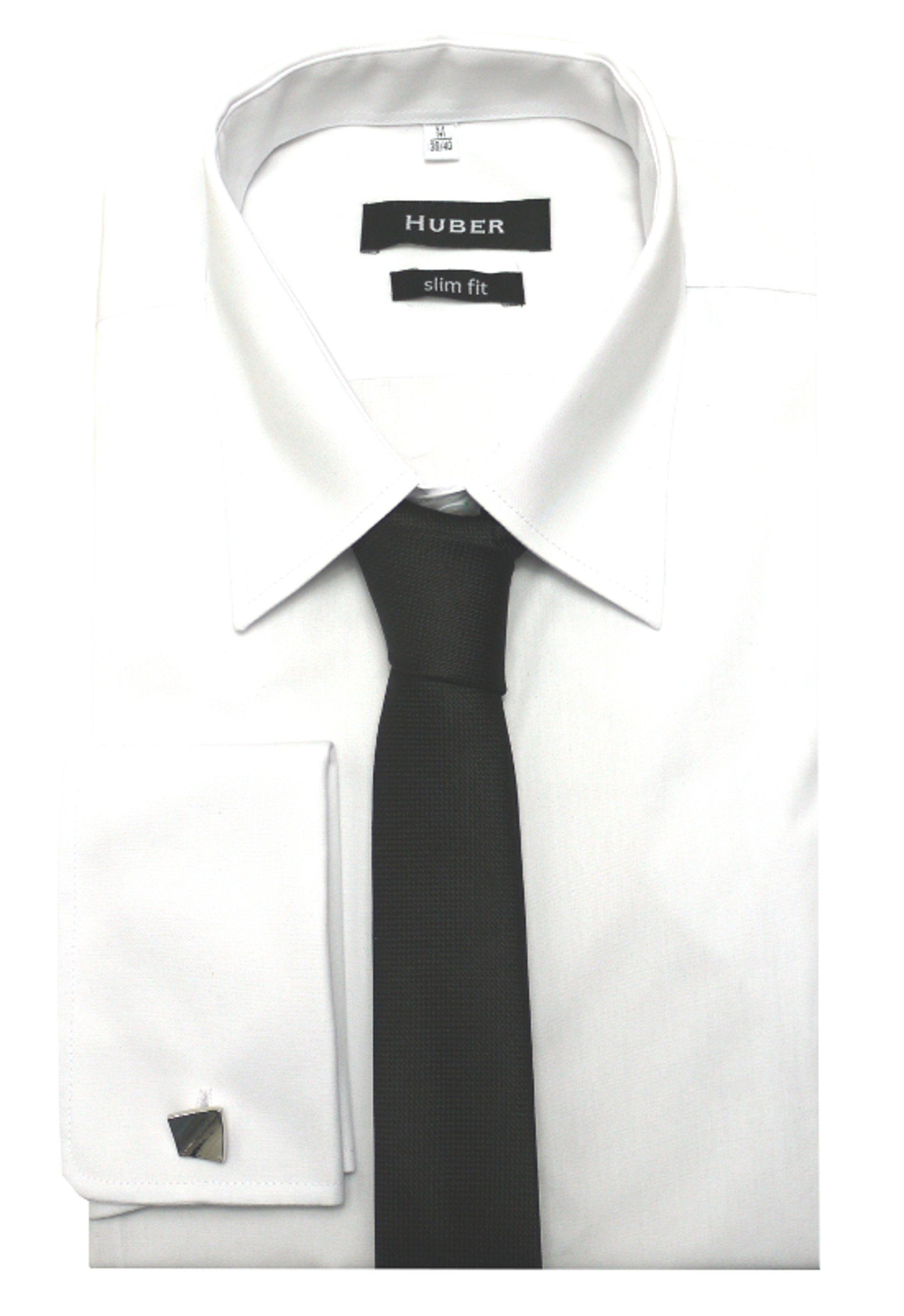 Umschlagmanschetten HU-5361 Slim Mansch.knopf Langarmhemd weiß Huber schwarz Hemden Fit Krawatte