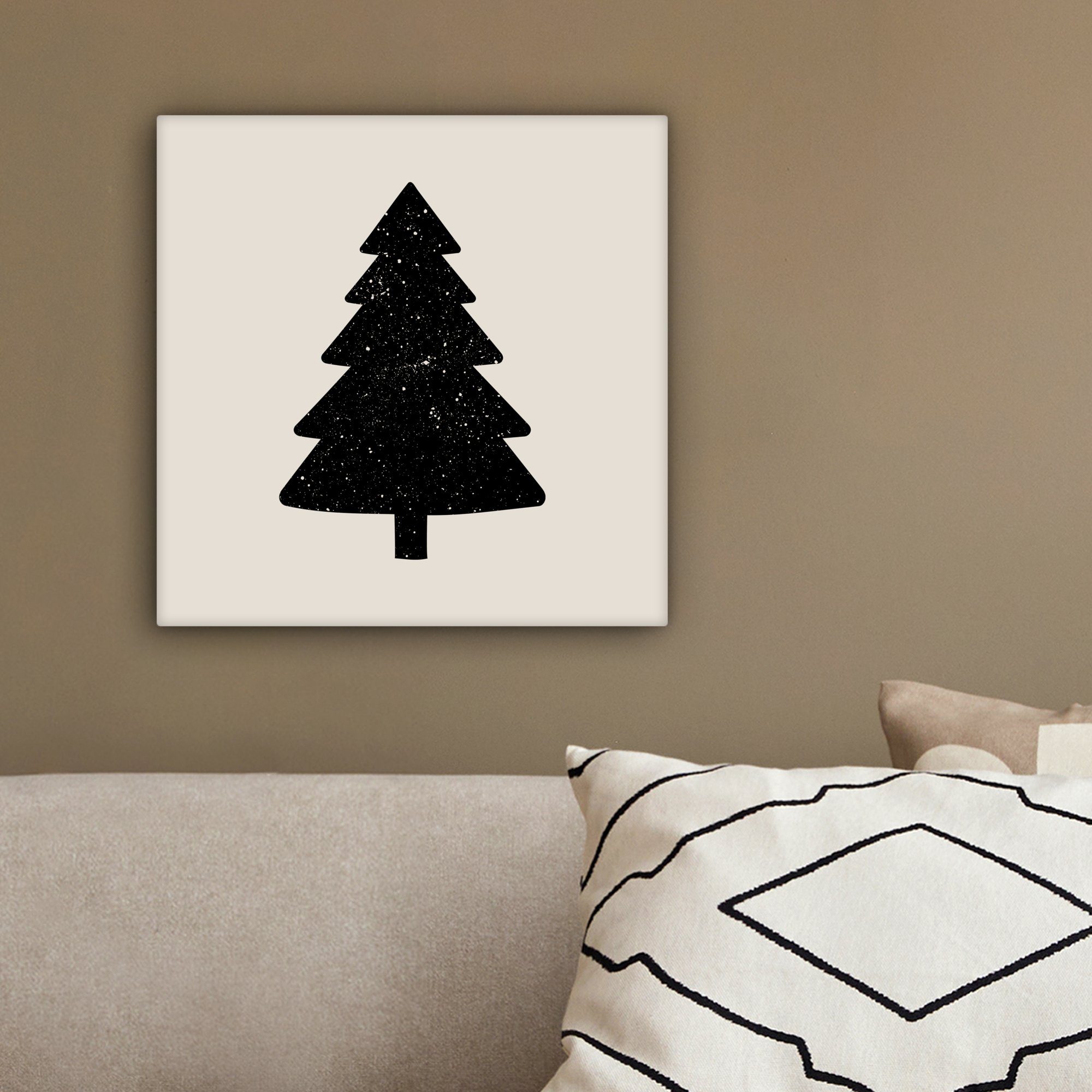 20x20 OneMillionCanvasses® Leinwandbild - Schwarz cm (1 Beige, Schlafzimmer, - St), - Bilder Weihnachtsbaum für Wohnzimmer Urlaub Leinwand