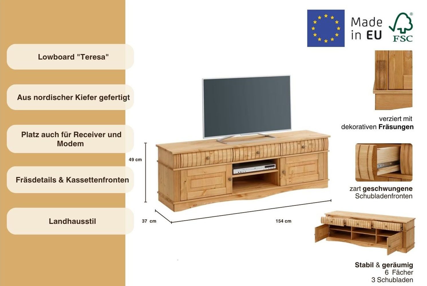 OTTO home Lowboard Teresa (Maße (B/T/H): 154/37/49 cm), Kommode aus massiver Kiefer, Breite 154 cm