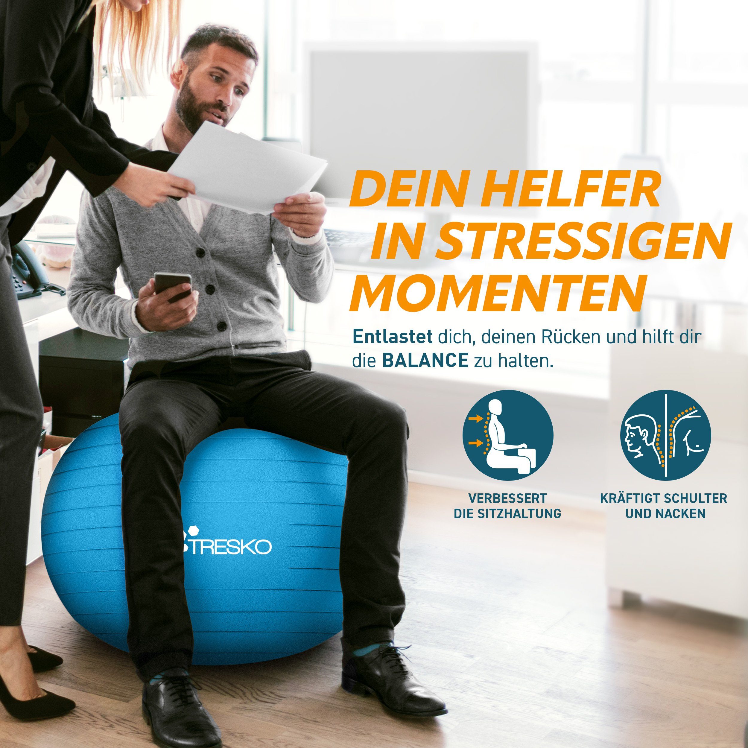 TRESKO Gymnastikball mit GRATIS Übungsposter inkl. Luftpumpe Yogaball, BPA-Frei Sitzball Büro Anti-Burst inkl. Luftpumpe, Fitnessball