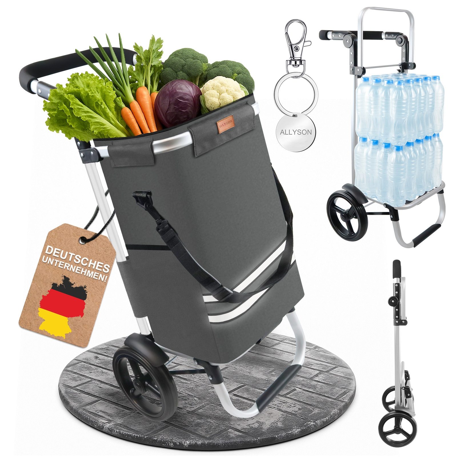 Allyson Einkaufstrolley Einkaufswagen klappbar, Einkauftrolley mit Leisen Rädern & Kühlfach, 2-in-1 Funktion: Tasche abnehmbar, Gestell als Sackkarre nutzbar.
