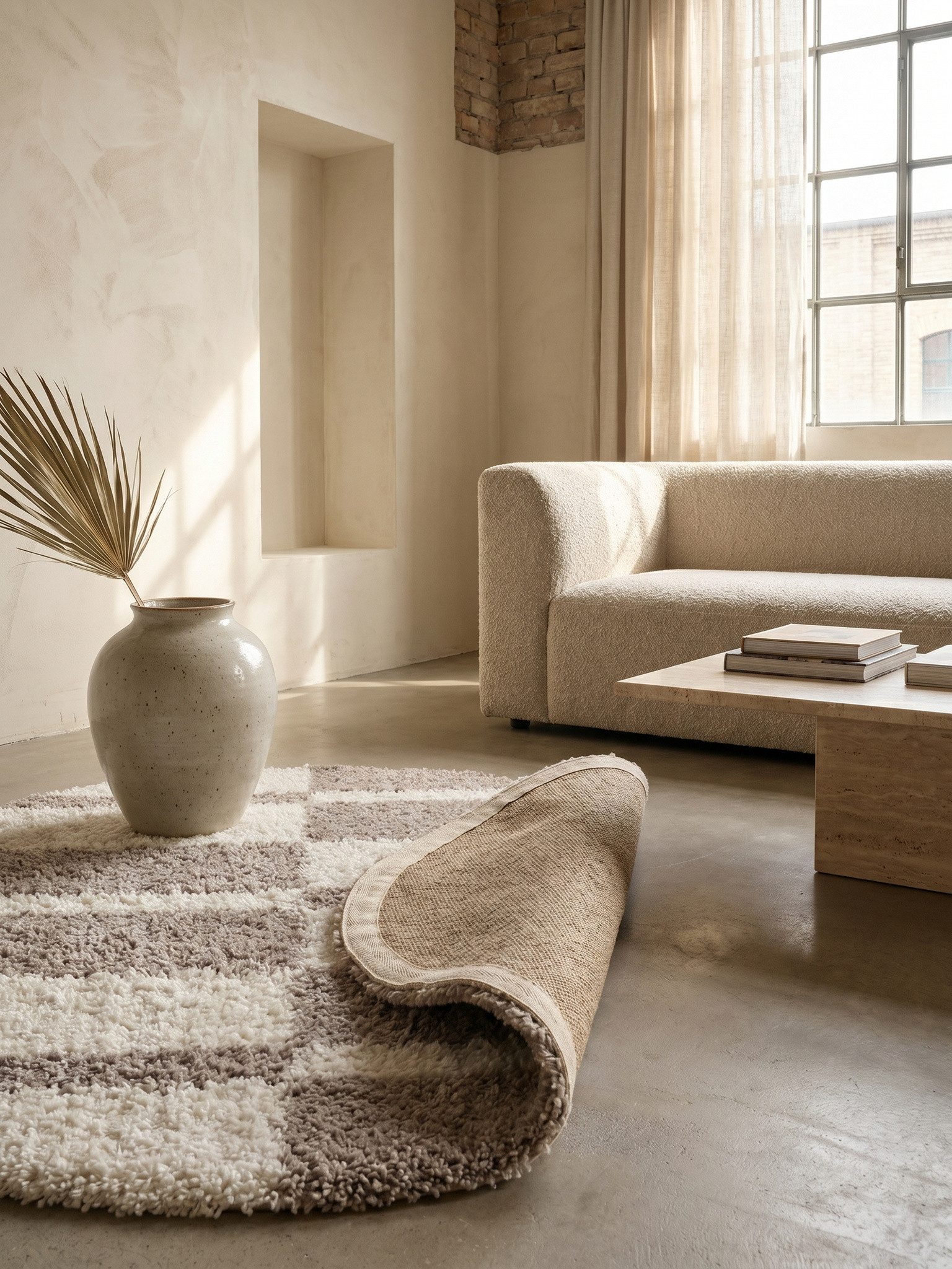 KADIMA DESIGN Teppich WERFEN Shaggy Langflor Wohnzimmer Schlafzimmer Waschbar Kariert, Rund, Höhe: 32 mm, Beige, 80x80 cm, Wohnzimmerteppich Strapazierfähig Flauschig Waschbar