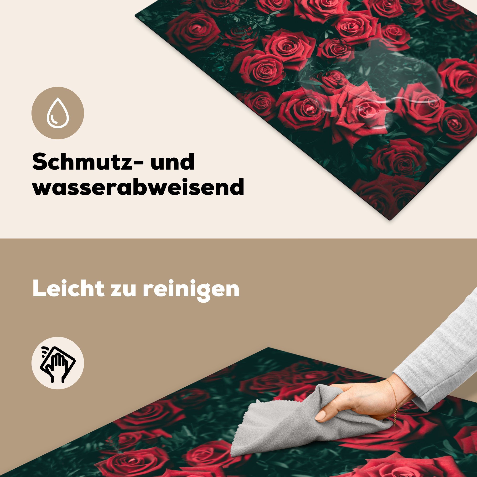 Rot, cm, MuchoWow die - für (1 Herdblende-/Abdeckplatte Induktionskochfeld Blumen Schutz küche, Rosen Vinyl, 81x52 - Ceranfeldabdeckung tlg),