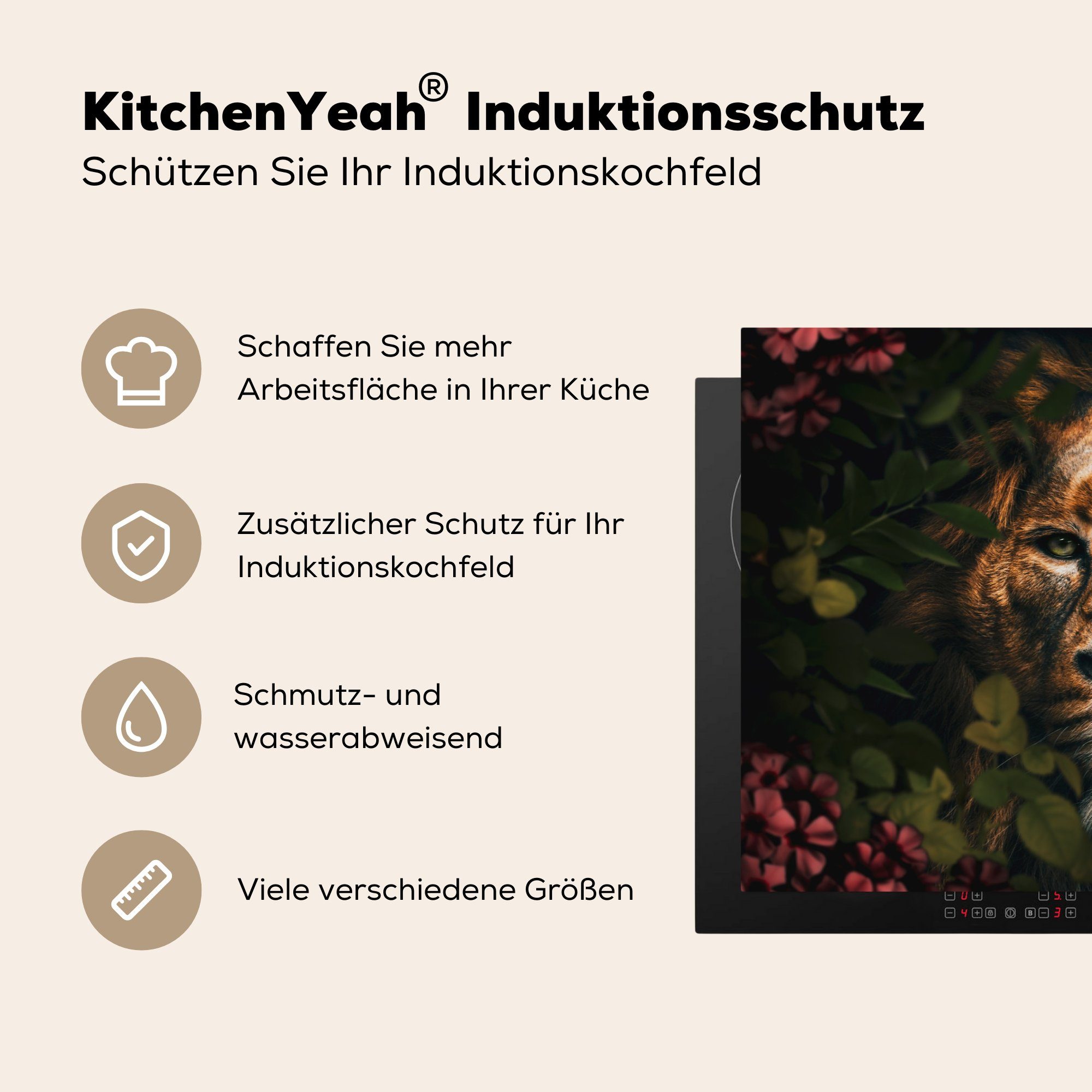 Schutz (1 Blumen Ceranfeldabdeckung Vinyl, Pflanzen, - Löwe Dschungel Herdblende-/Abdeckplatte küche, MuchoWow - für cm, 81x52 - Induktionskochfeld die tlg),