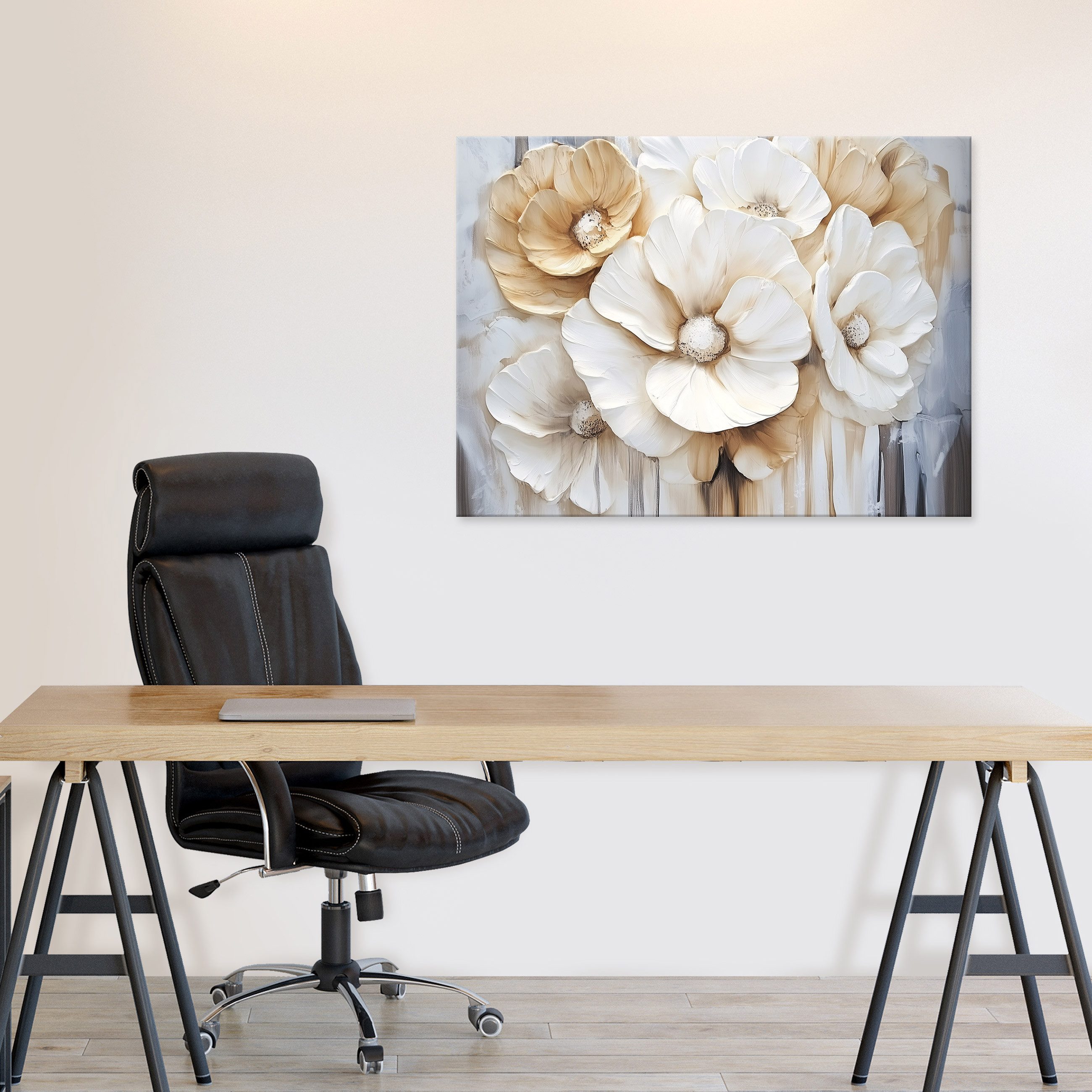 Wallarena Leinwandbild Blumen Weiß Gold Modern Wandbilder Wand Deko XXL Bil günstig online kaufen