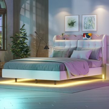 Ulife Polsterbett Stauraumbett Doppelbett mit Nachtkästchen und Lichtleiste, mit USB-Ladeanschluss (140 x 200cm)