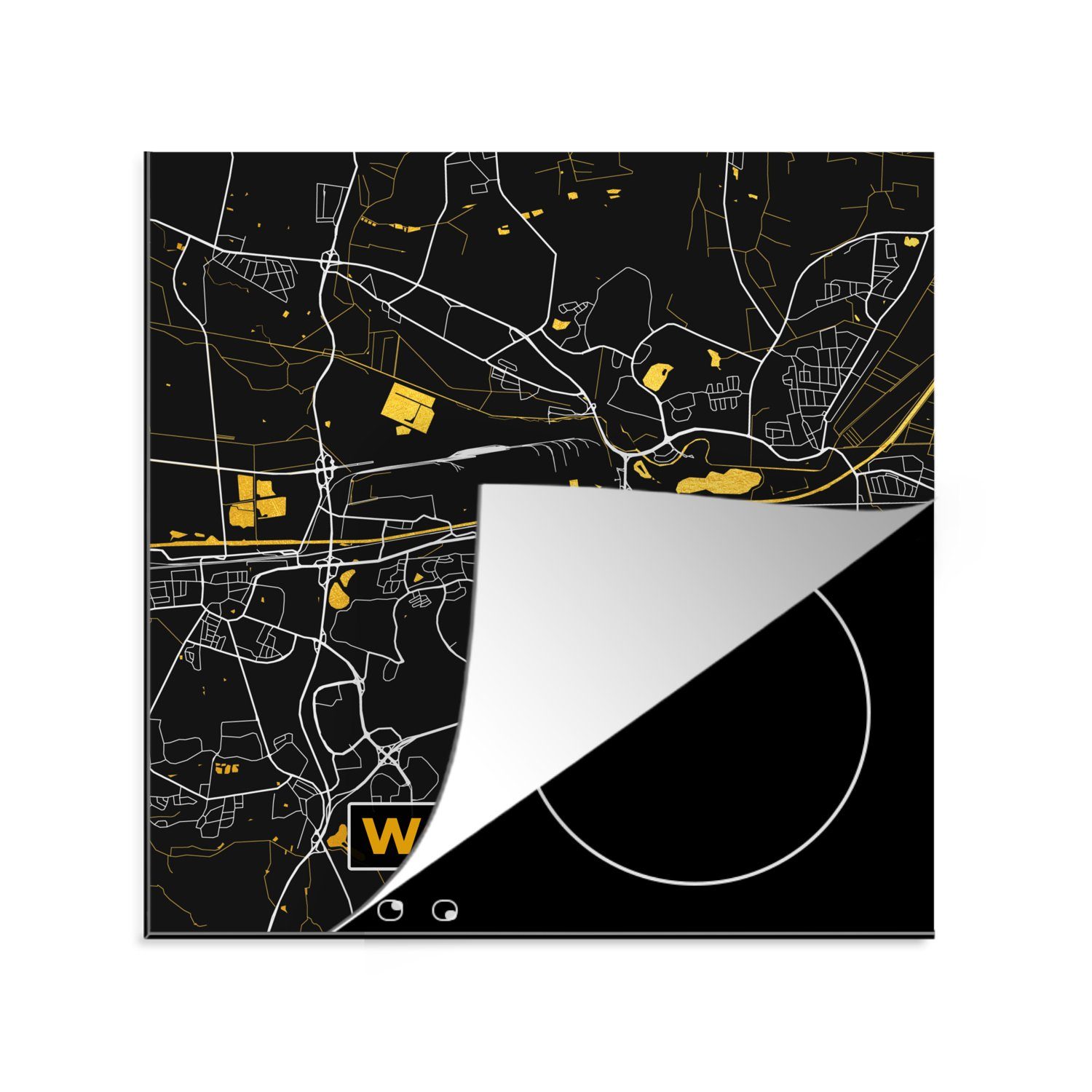 MuchoWow Herdblende-/Abdeckplatte Stadtplan - Deutschland - Gold - Wolfsburg - Karte, Vinyl, (1 tlg), 78x78 cm, Ceranfeldabdeckung, Arbeitsplatte für küche