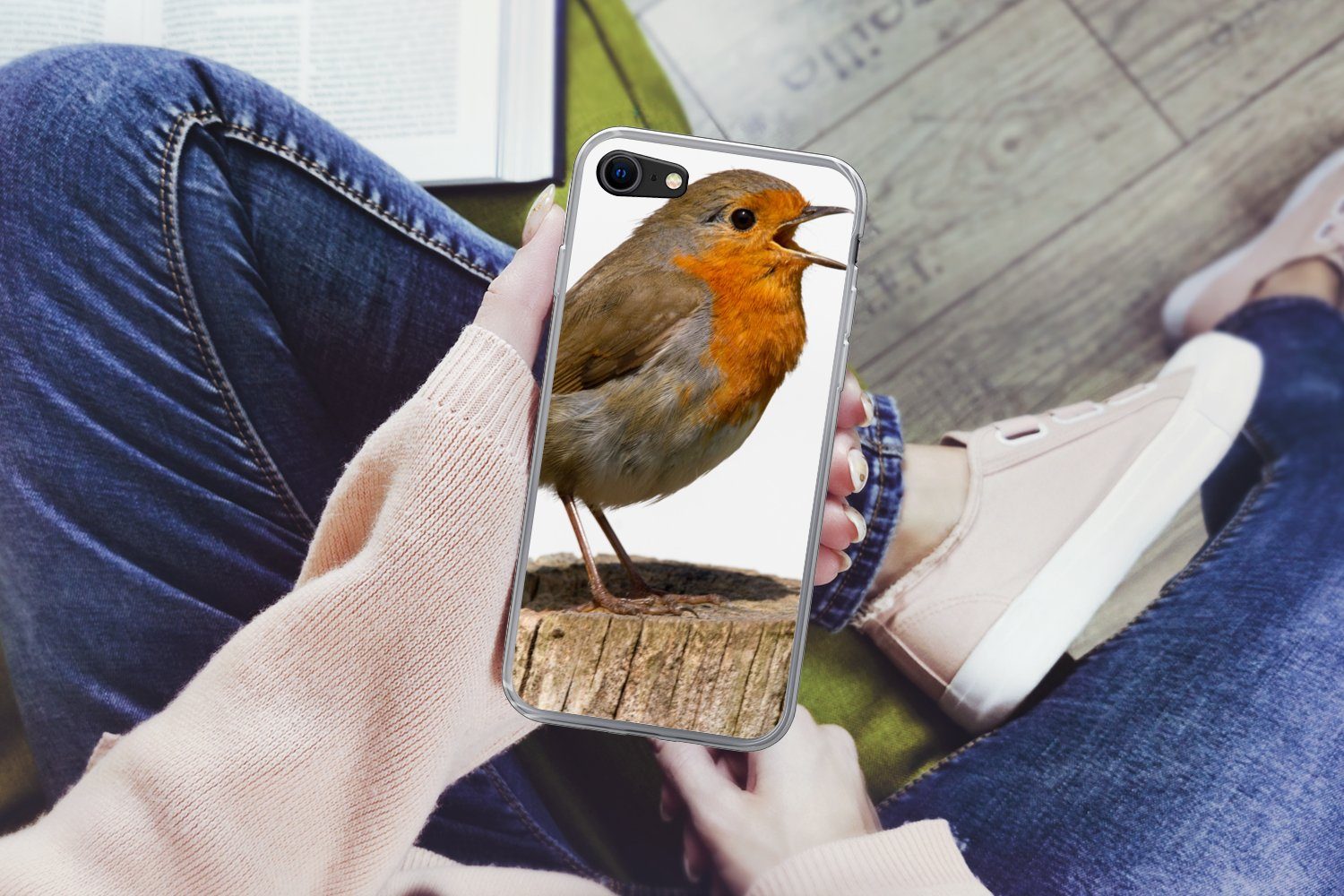 MuchoWow Handyhülle für Apple iPhone 8 Rotkehlchen - Vogel - Holz, Smartphone-Bumper, Print, Handy Schutzhülle Dünn