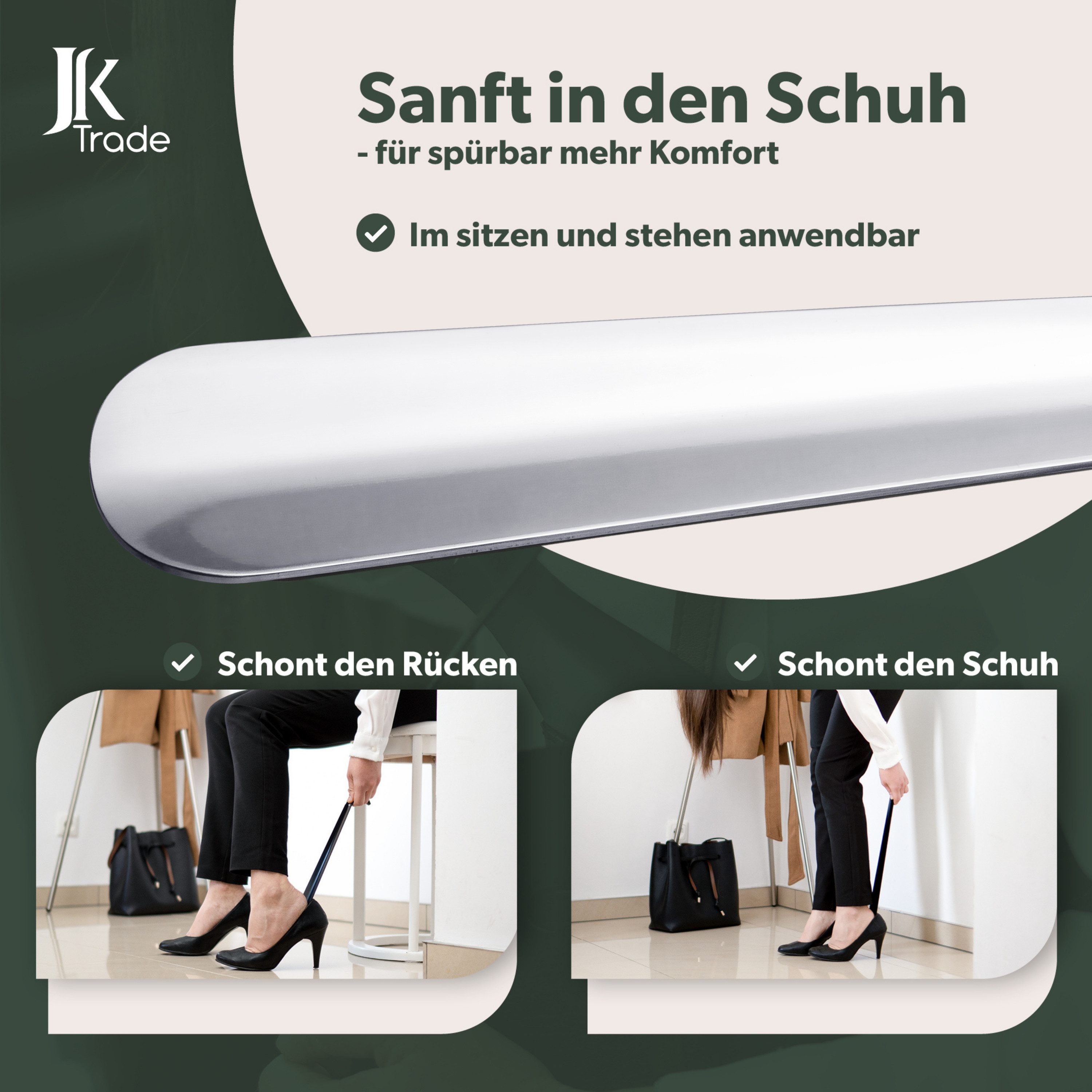 JK Trade Schuhlöffel 62cm Edelstahl poliert (1-tlg., extra lang & stabil), Metall Schuhanzieher lang zum Stehen, Aufhängbar, 2mm Extra Stabil