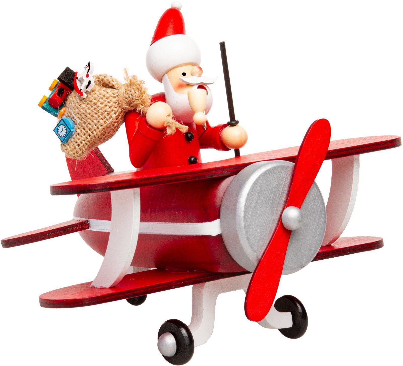 SIKORA Weihnachtsfigur RM-A01-FLIEGER Holz Räuchermännchen im Doppeldecker Flugzeug