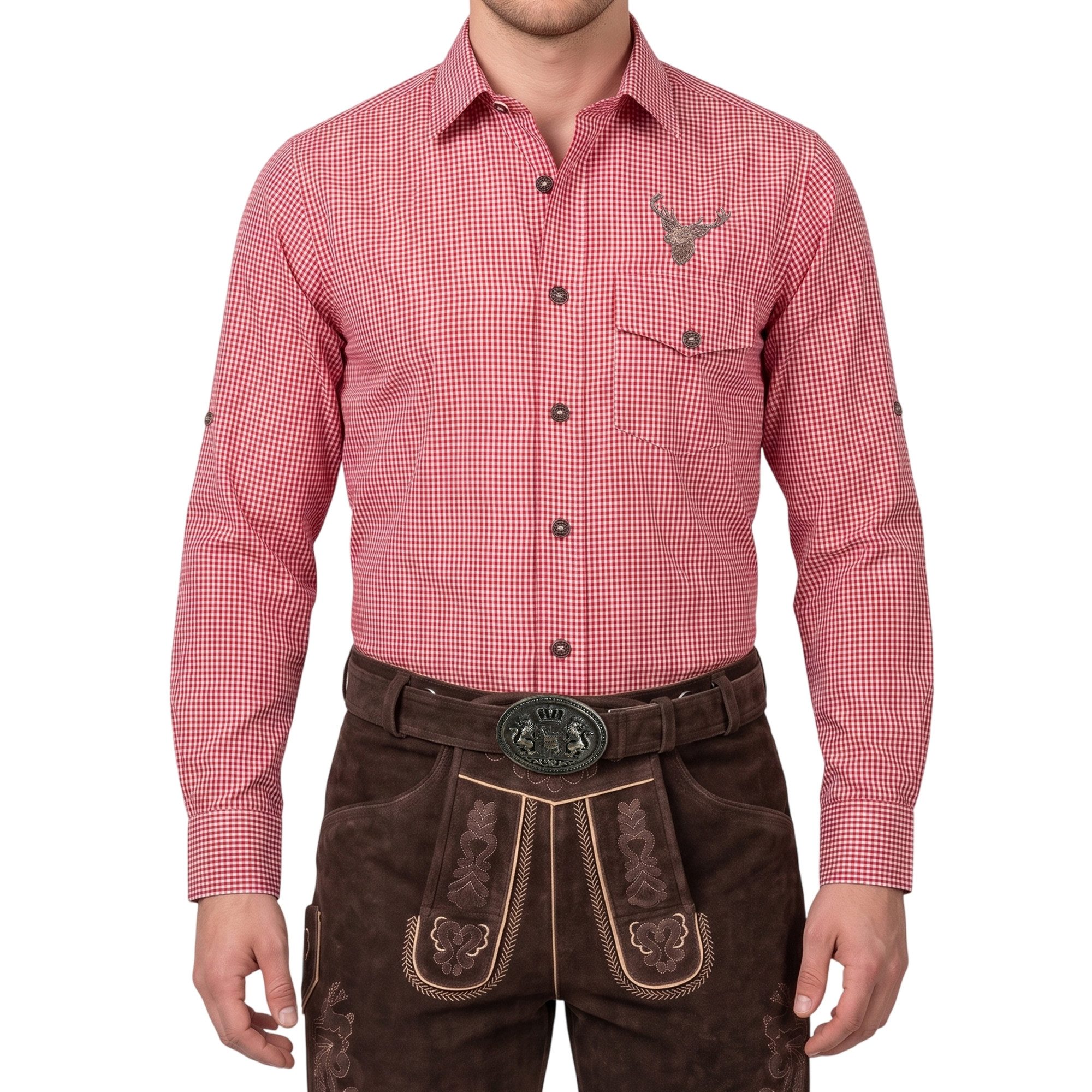 German Wear Trachtenhemd GW1203-H Herren karo Trachtenhemd Rot grün Karriert mit Hirsch stickerei