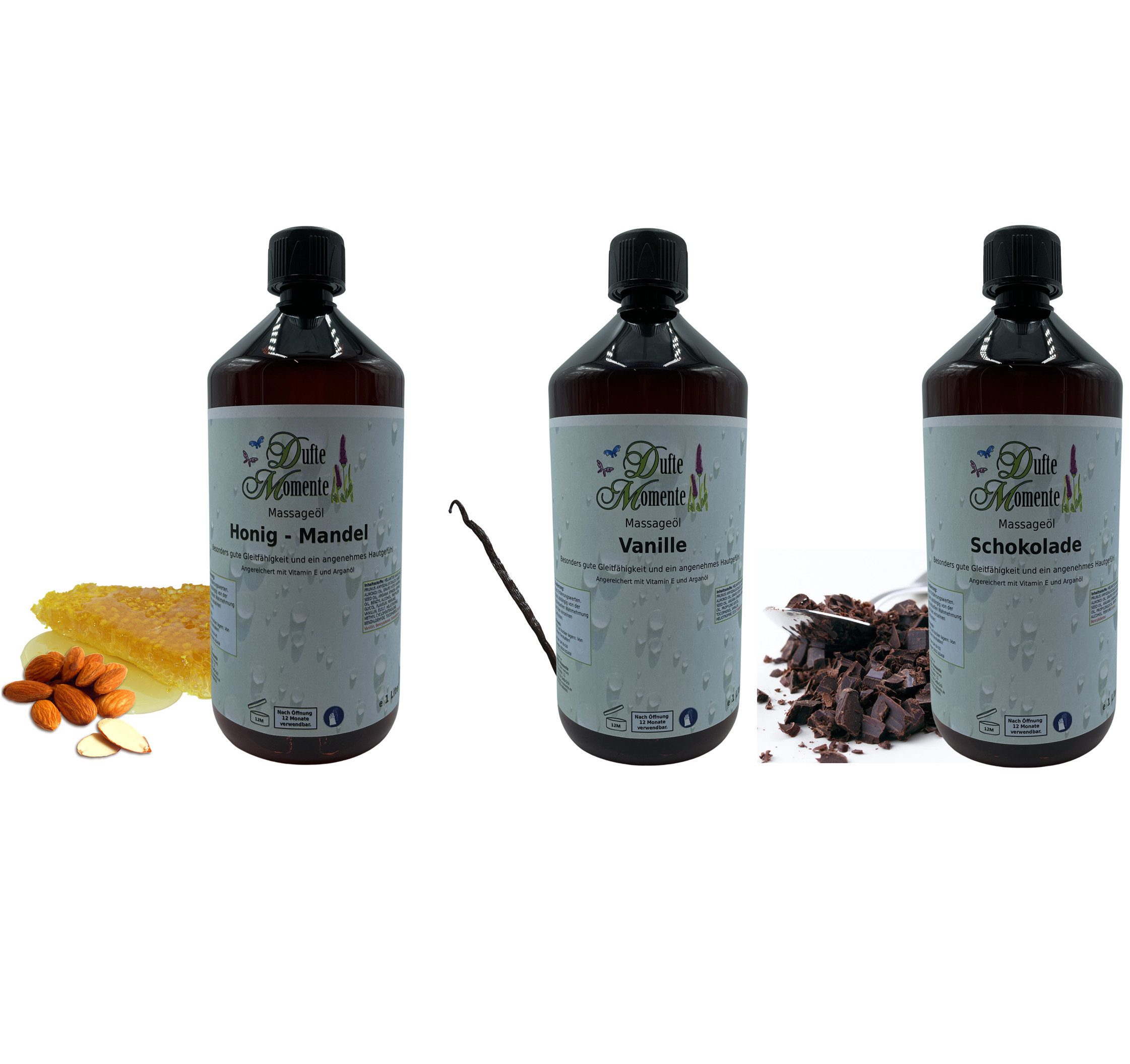 Dufte Momente Massageöl Honig-Mandel, Schokolade & Vanille 250ml - 3L Set, 3-tlg., hochwertige Pflanzenöle als Basis, vegan und ohne Tierversuche