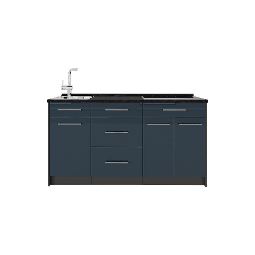 Vicco Küchenzeile Fame-Line, Dunkelblau Hochglanz, 150 cm ohne Arbeitsplatte
