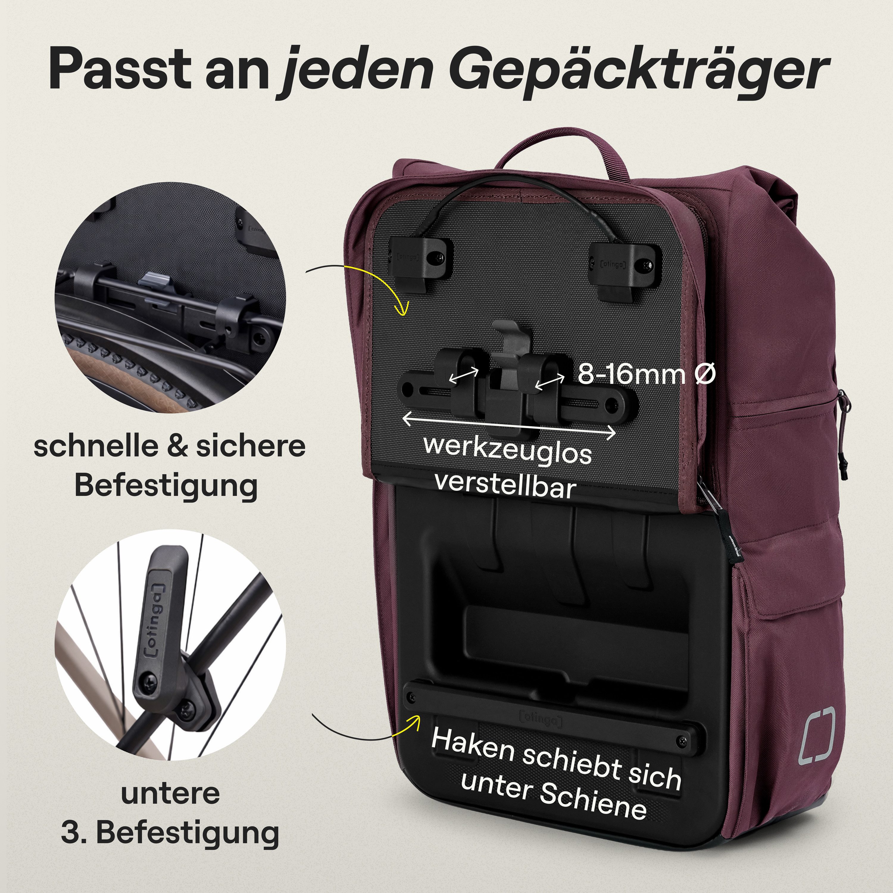 otinga Fahrradtasche Flip V3 Fahrradtasche Rucksack Wasserdicht Gepäckträgerhalterung, 34L Gepäckträgertasche mit Rucksack, Radtasche, in 3 Sekunden umgebaut