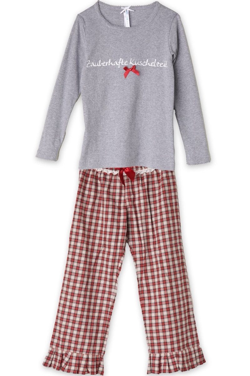 Louis & Louisa Pyjama Schlafanzug Kinder - KUSCHELZEIT - grau/rot kariert