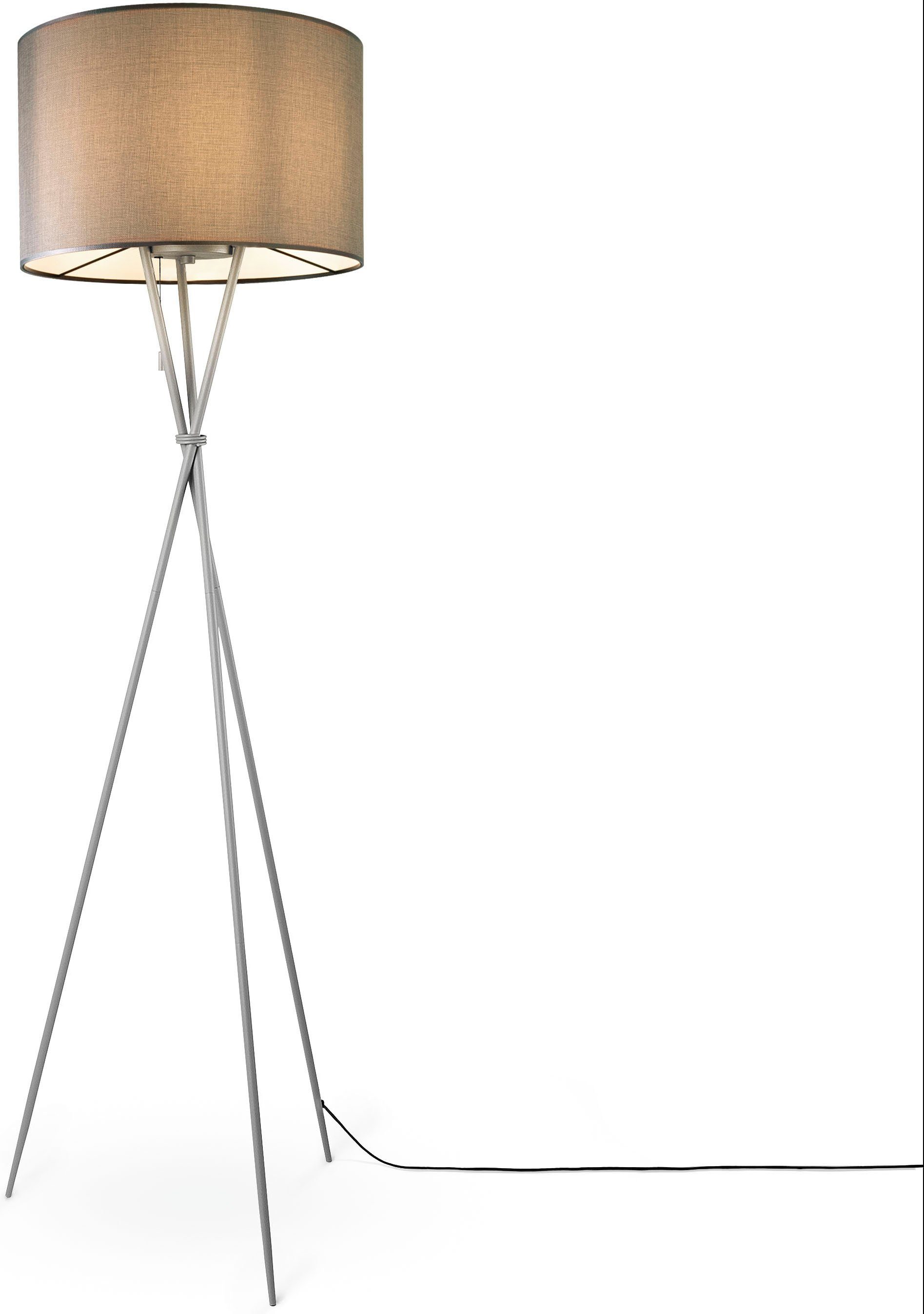 Paco Home Stoffschirmlampe Textil E27 ohne CANVAS Standleuchte Wohnzimmer Leuchtmittel, COLOR, Dreibein Stehlampe KATE grau grau UNI Schirm