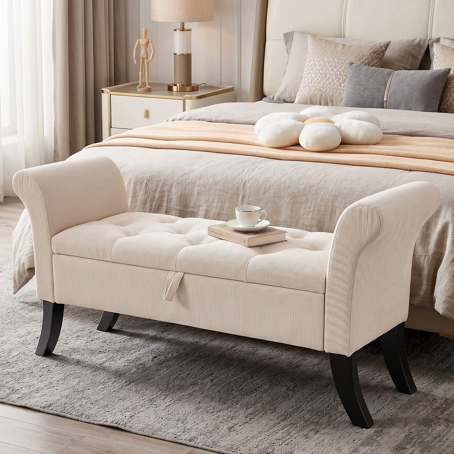 oyajia Bettbank Sitzbank mit Stauraum,132 x 43 x 64.5 cm Polsterbank (Sitzhocker mit Stauraum,Fußstütze mit stabilen Holzbeinen, Bis 168kg), Sofabank fur Flur, Esszimmer, Schlafzimmer, Wohnzimmer