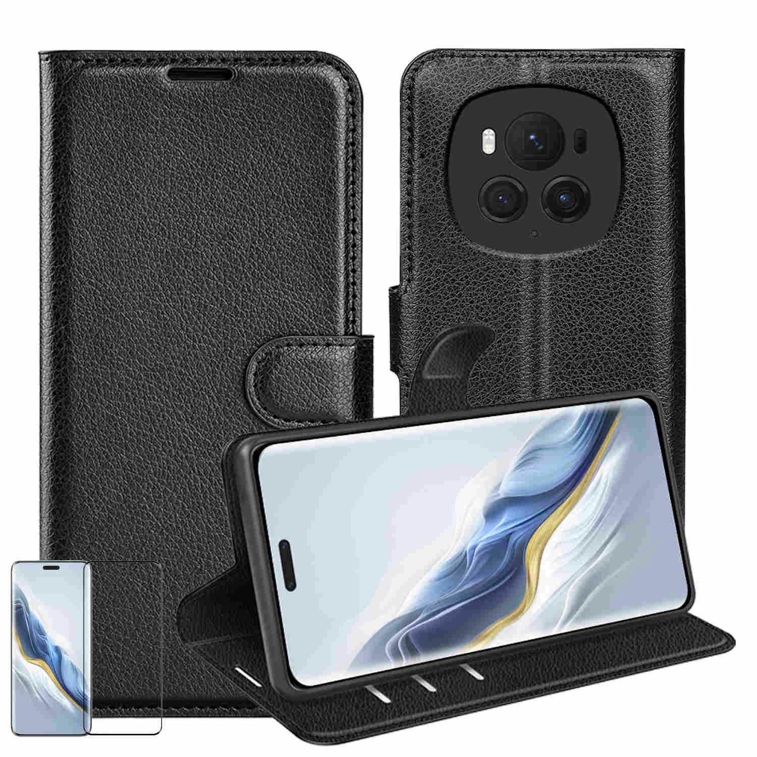 Wigento Smartphone-Hülle Für Honor Magic 6 Pro Book Wallet Tasche Schwarz + Curved Hart Glas